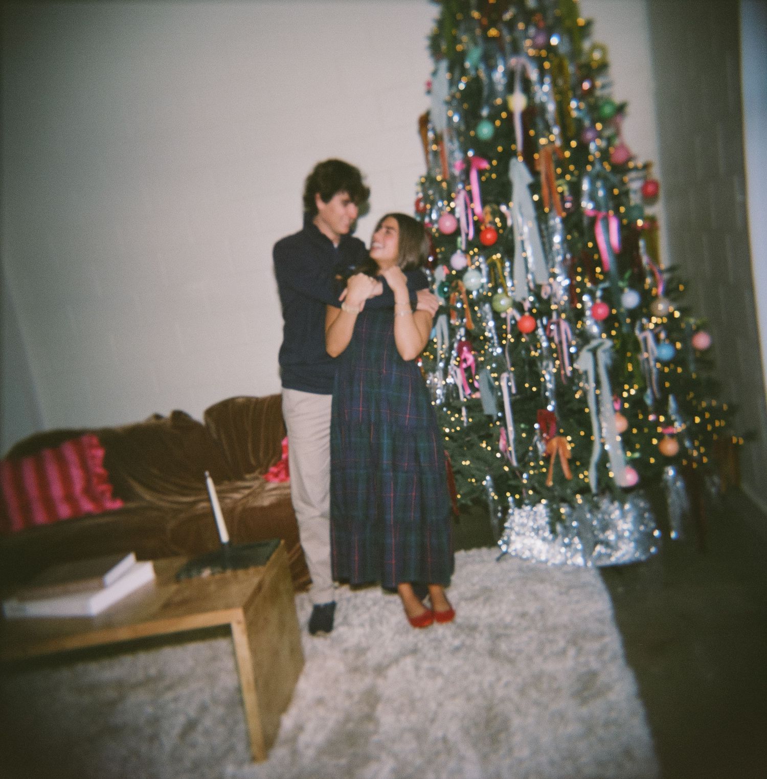 A series of vintage Christmas photos showing decorated trees and living room scenes from the 1970s.