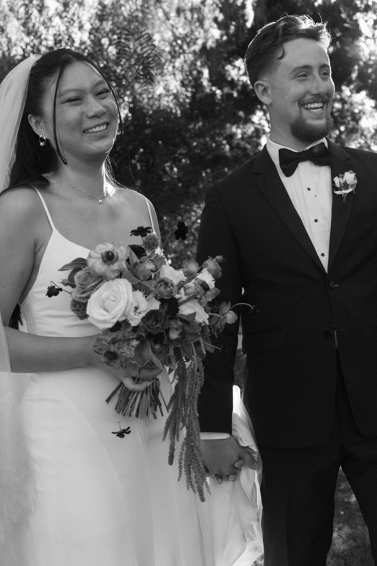 Candid wedding photos showing joyful moments between couple with floral bouquet.