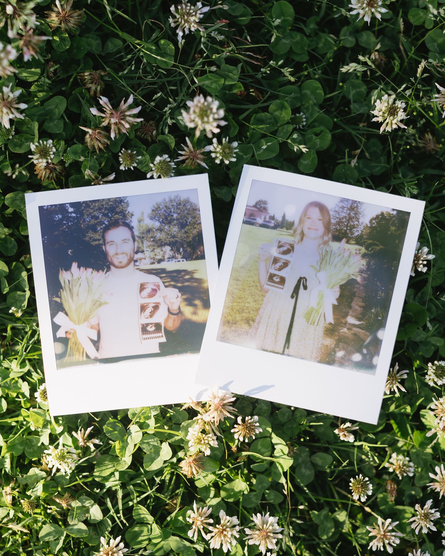 A series of polaroid photos displayed on a green leafy background with white flowers.