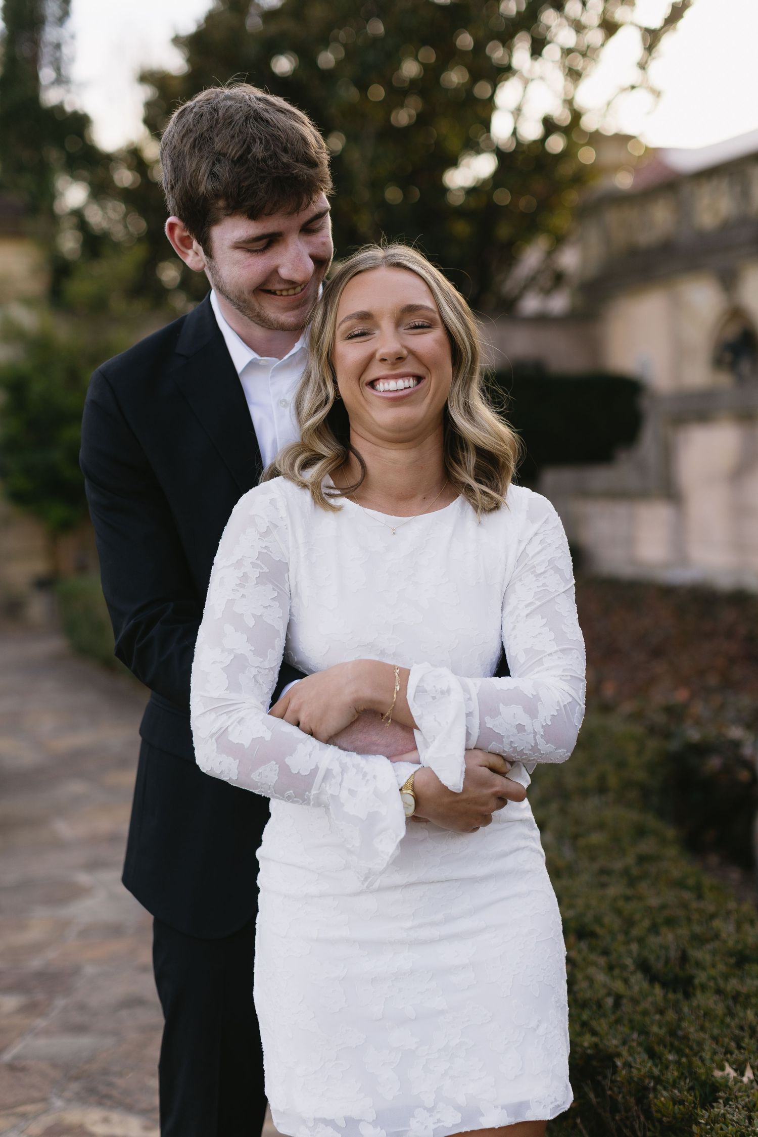 A series of candid wedding moments showing a couple hugging and laughing together.
