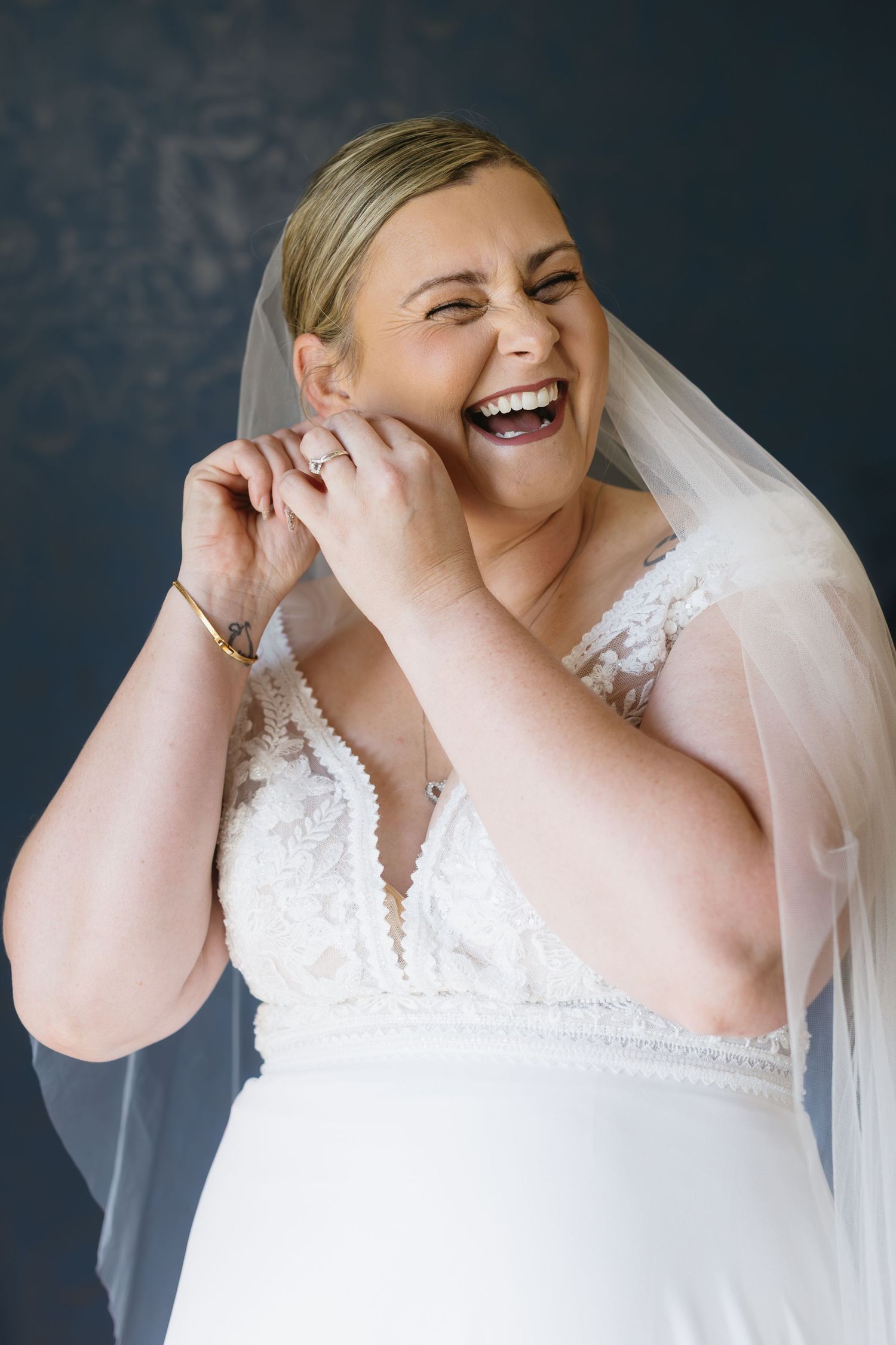 Series of joyful bridal portraits showing genuine laughter and emotion.