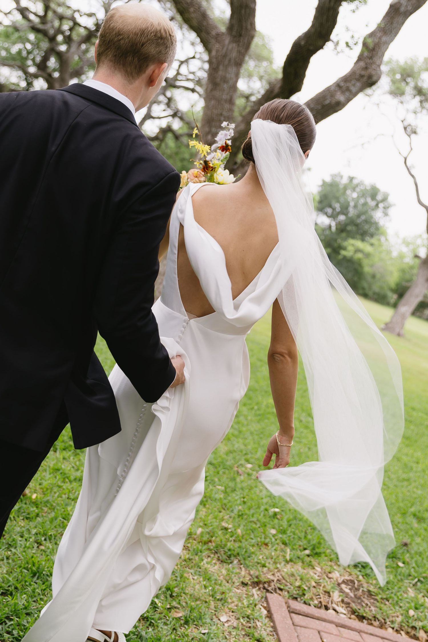 A romantic outdoor wedding scene shows dress and suit details with flowing white veil captured in multiple angles.
