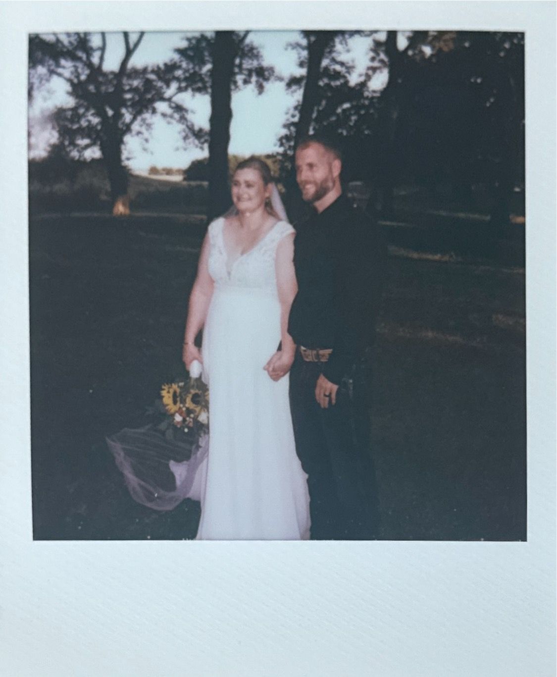 Instant film photos showing glimpses of an evening outdoor wedding celebration.