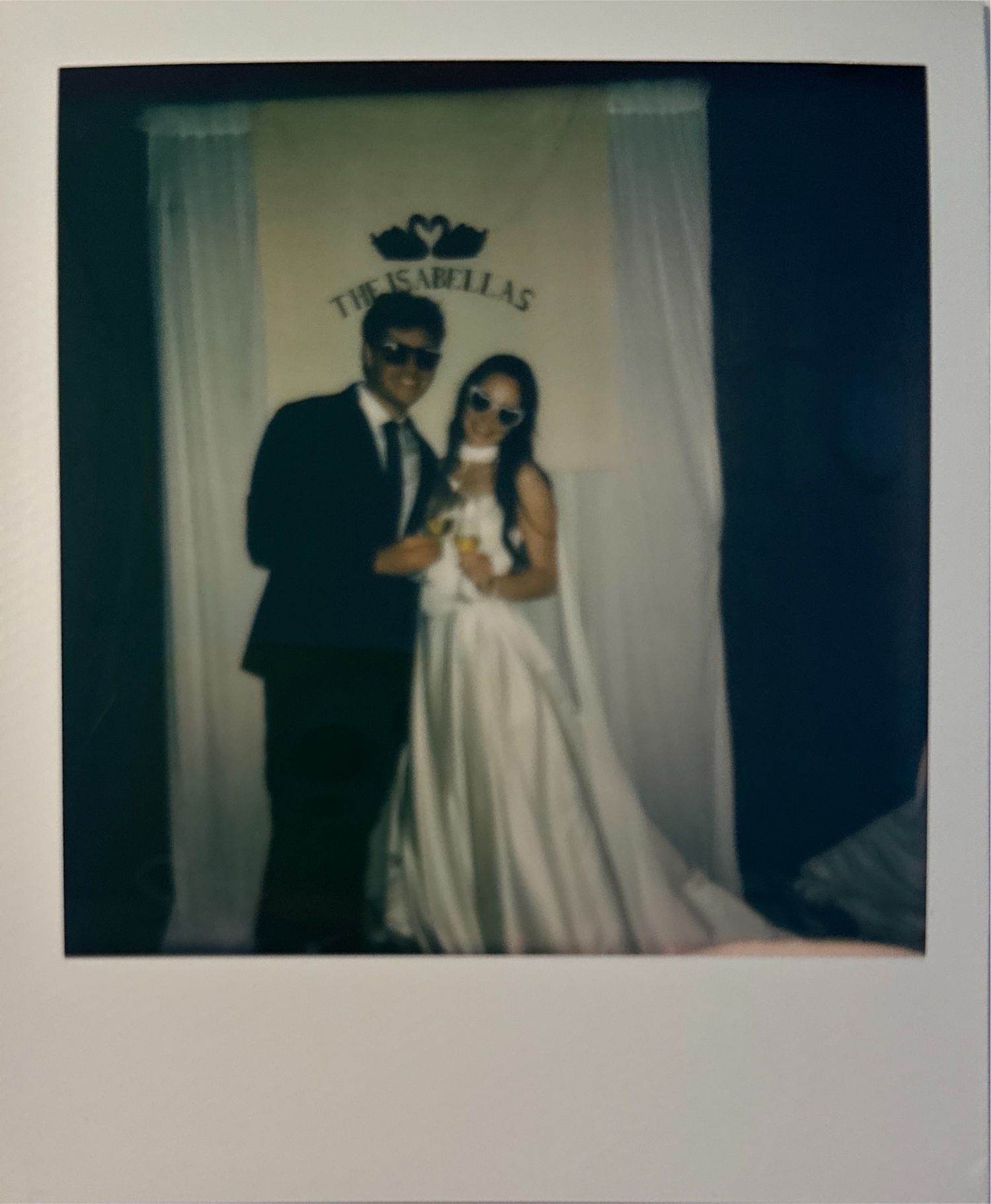 A series of vintage-style polaroid photos showing couples in wedding attire against a light background.