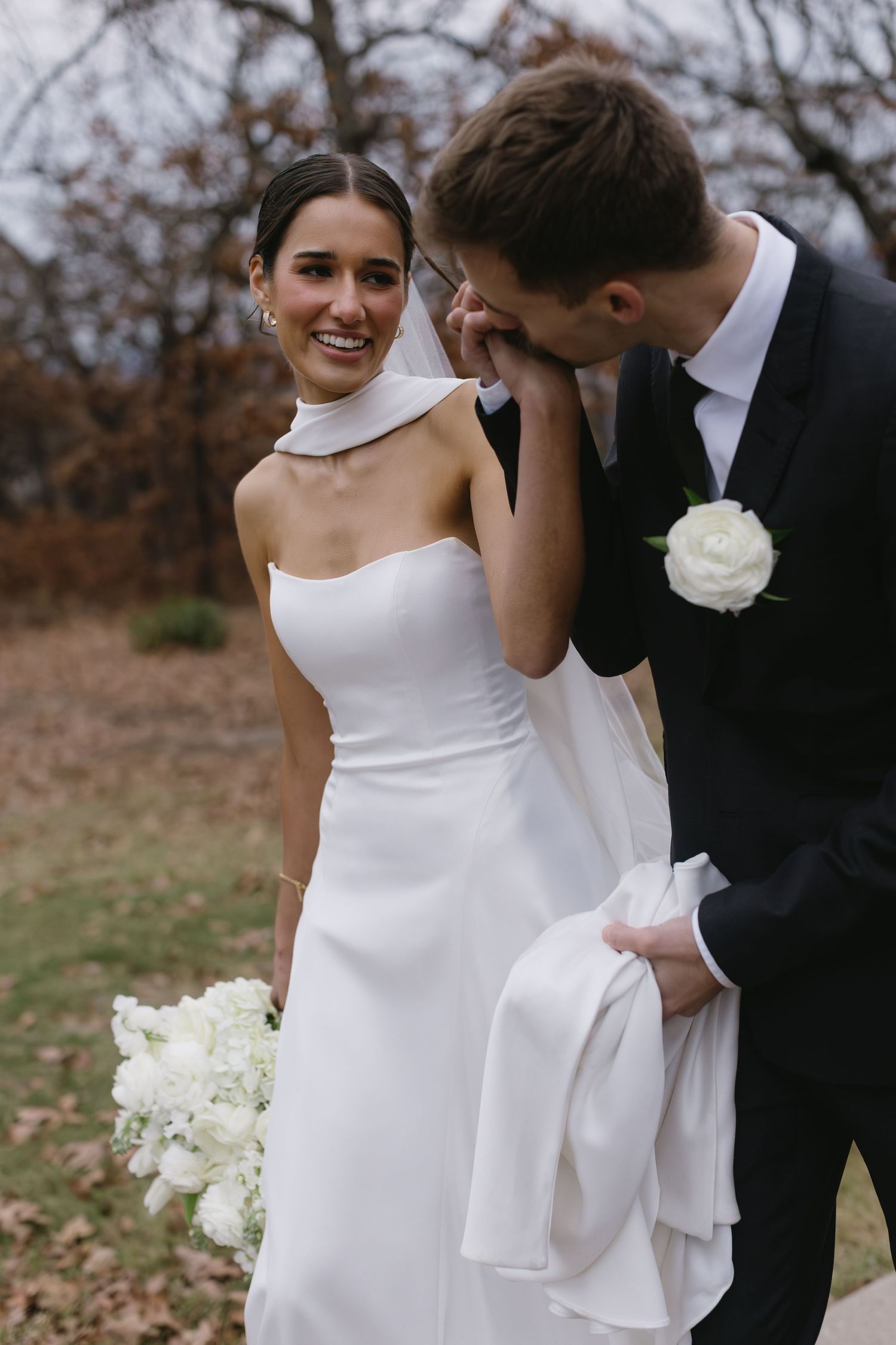 Candid wedding photos showing couple in elegant white dress and black suit sharing joyful moments.