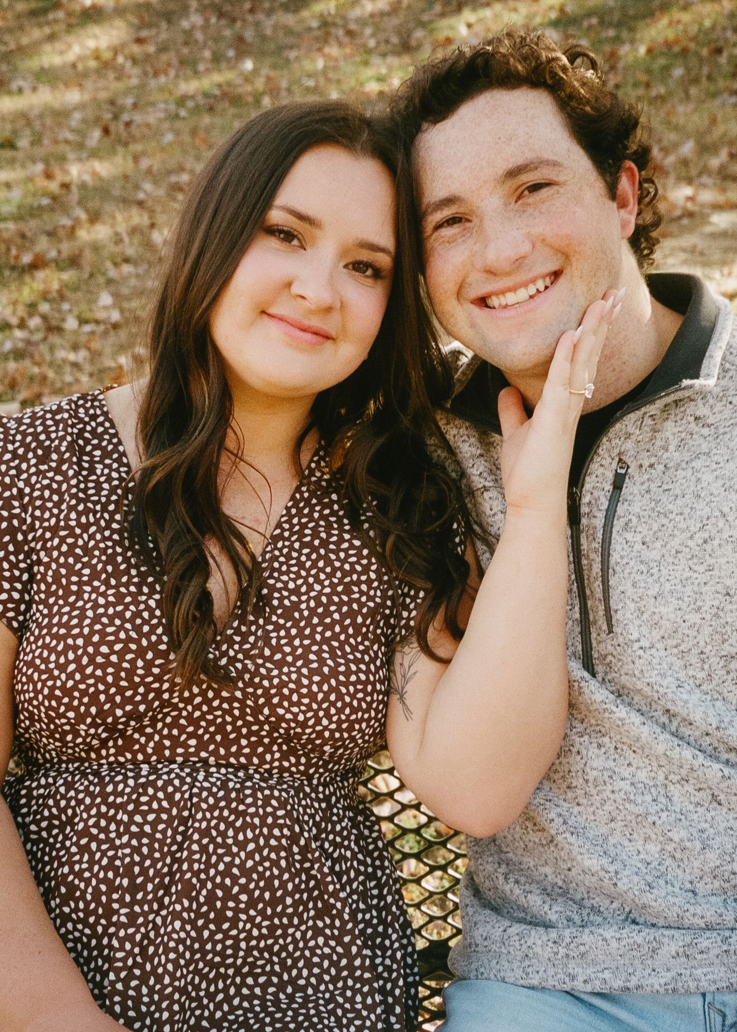 A couple sitting together outdoors in casual attire sharing affectionate moments in a photo collage series.