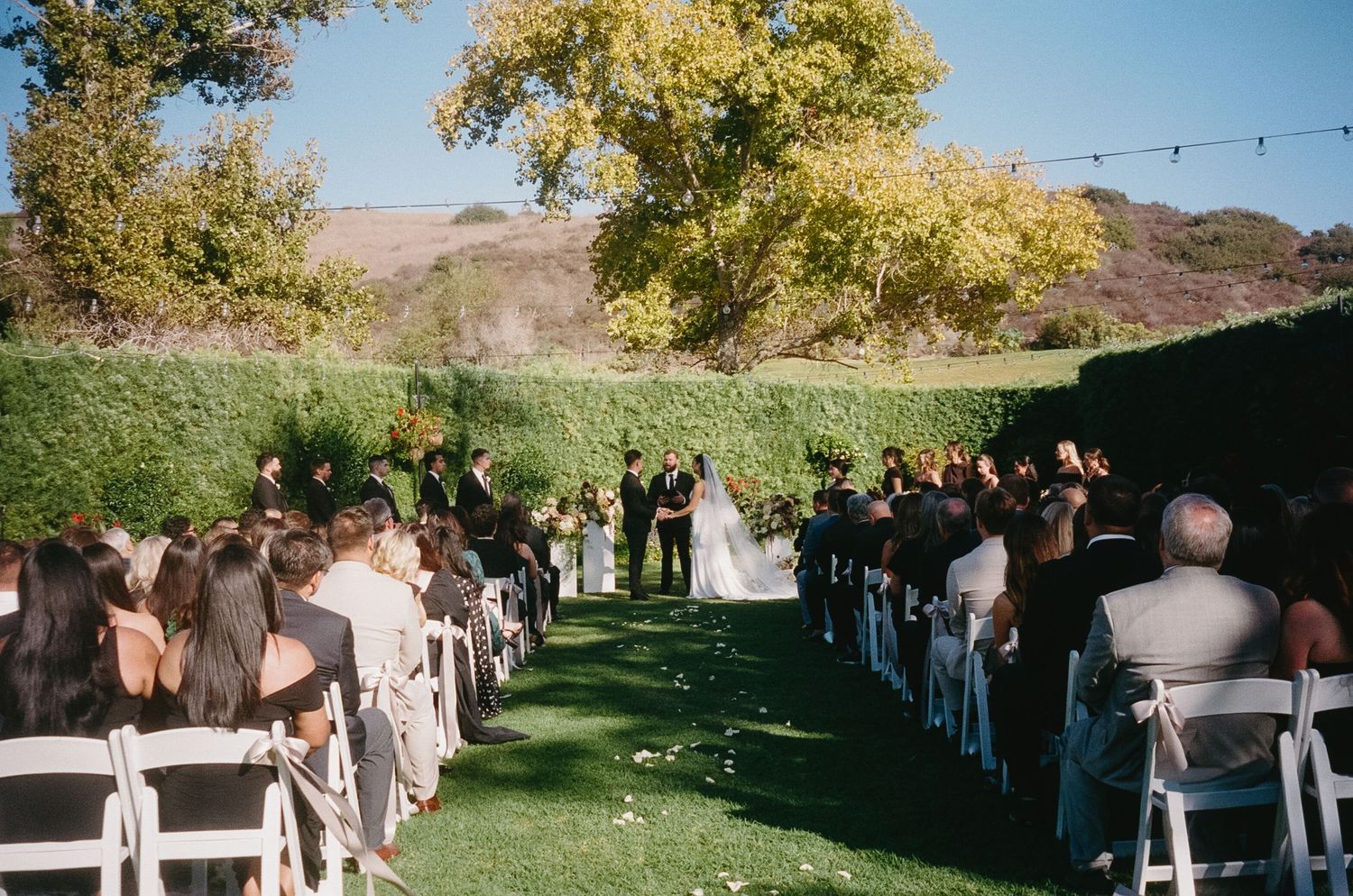 Outdoor wedding ceremony setup with rows of white chairs on a grassy lawn under trees.