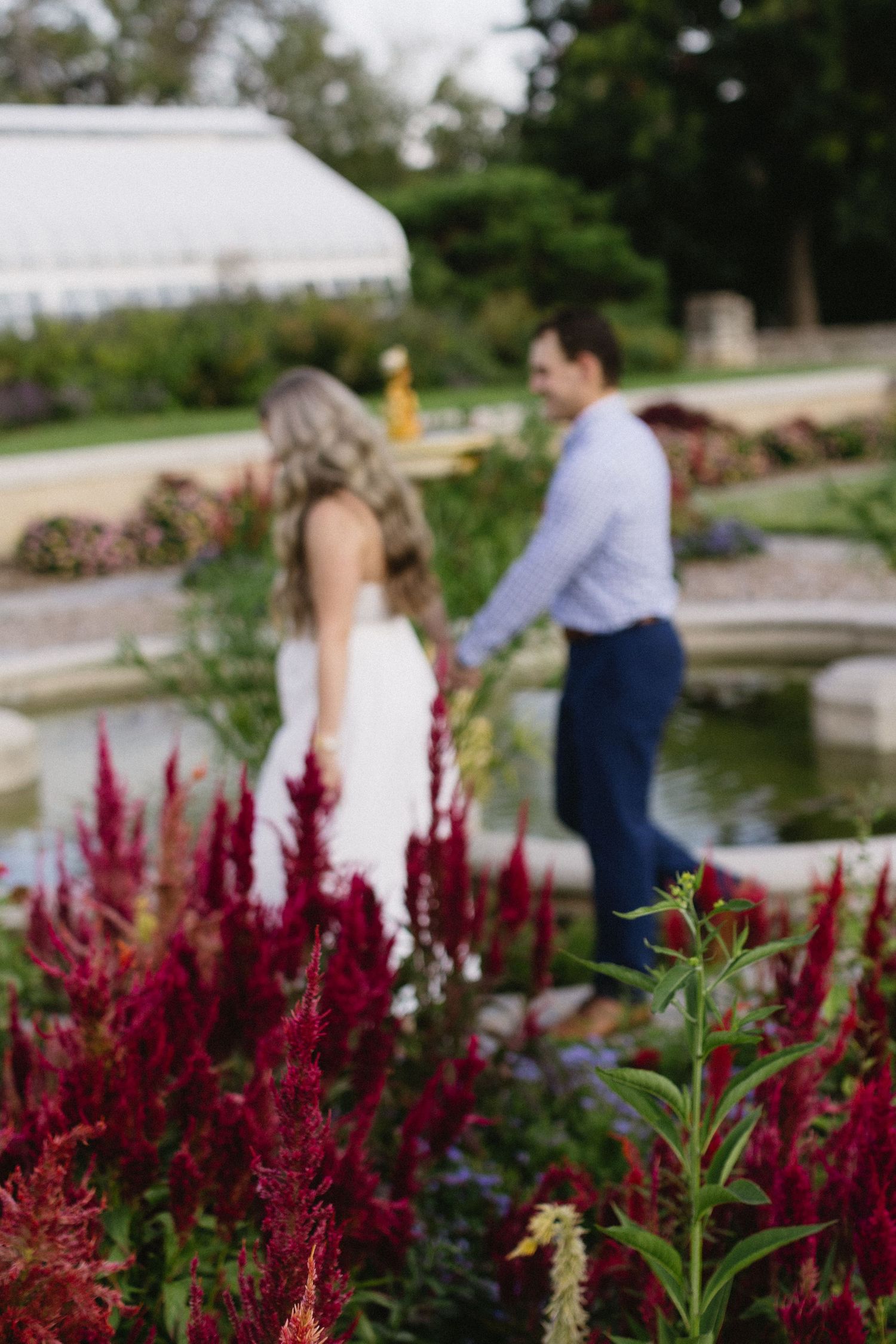 A couple shares an intimate moment among vibrant red flowers in a garden setting.