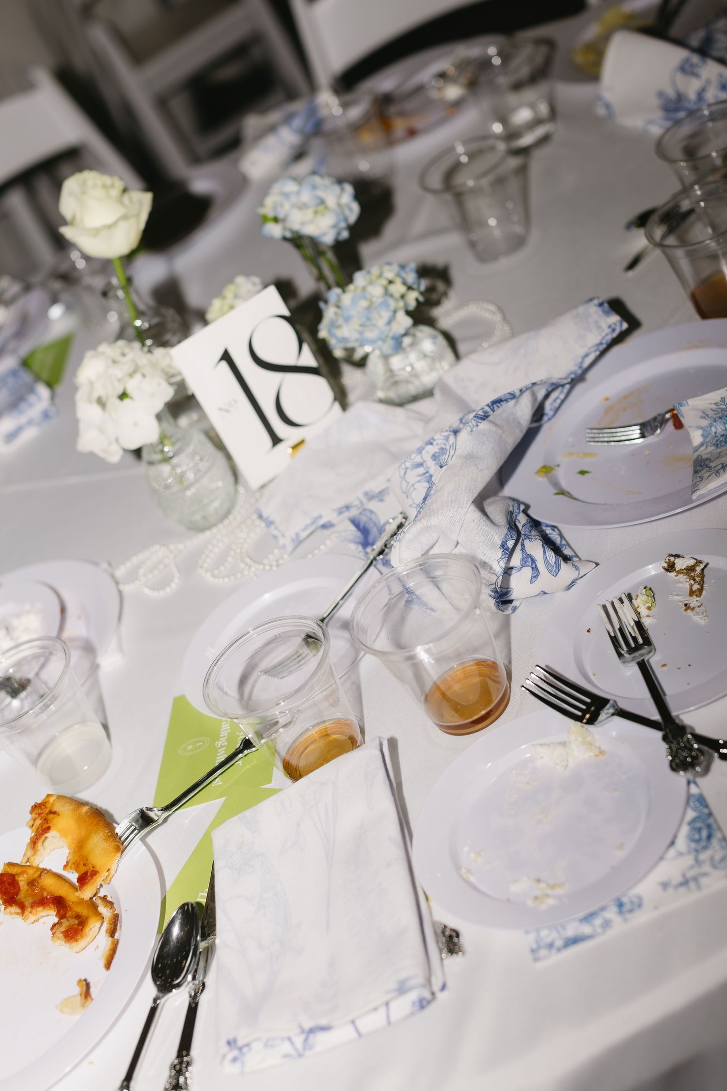 Wedding reception table setting with white flowers, empty plates and half-eaten food.