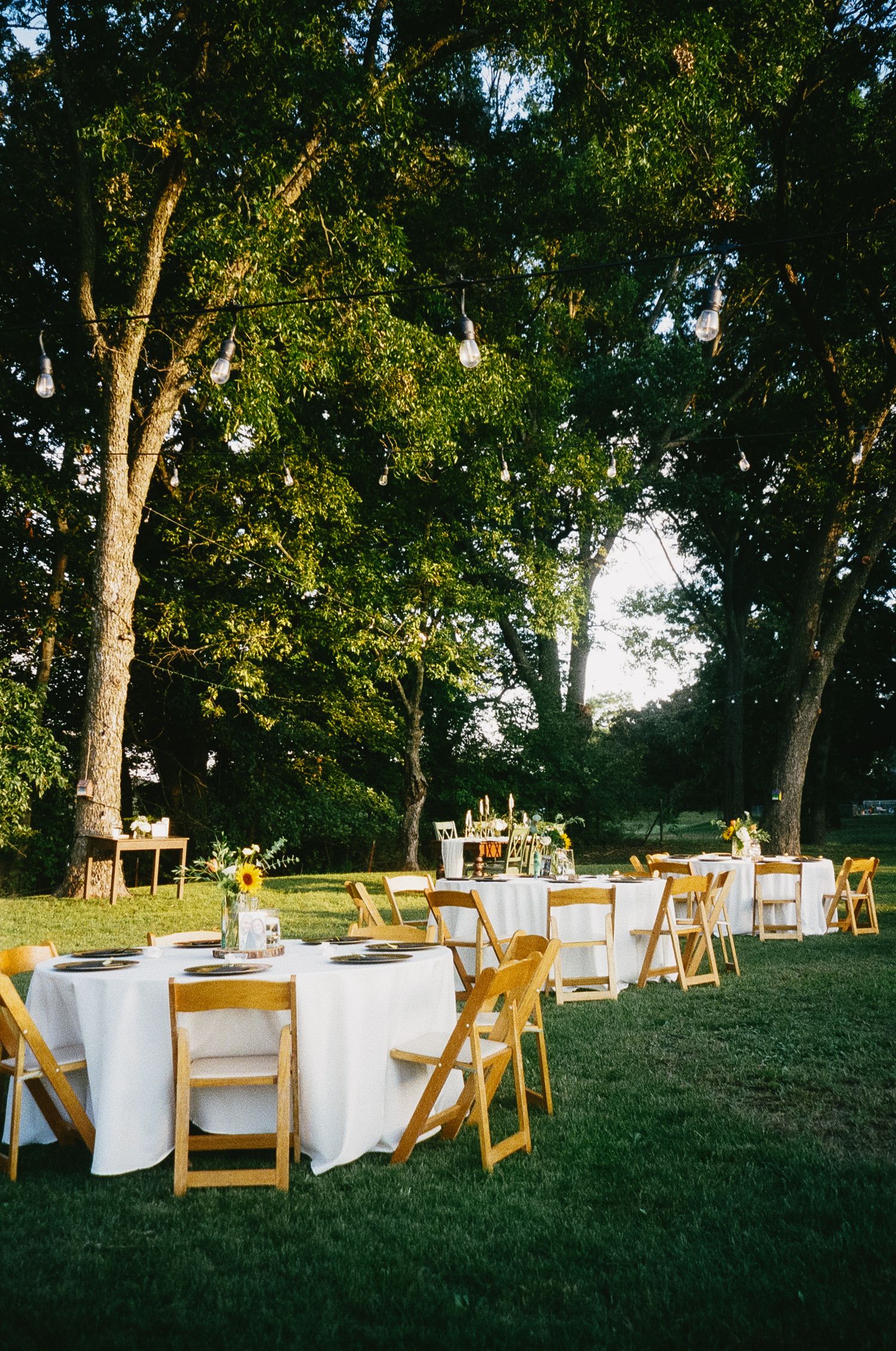 Outdoor wedding reception setup with round tables, white linens and wooden chairs arranged on a grassy lawn under tall trees.
