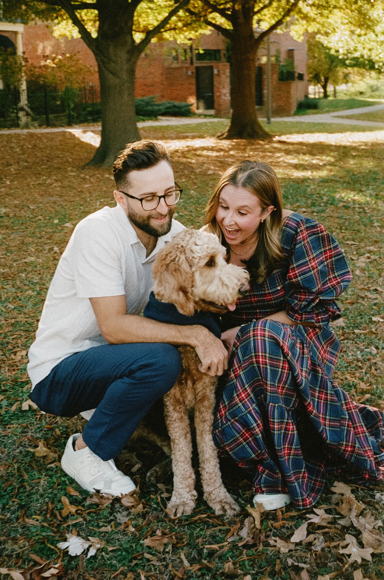 A couple shares joyful moments with their goldendoodle puppy while sitting under trees on fallen leaves.
