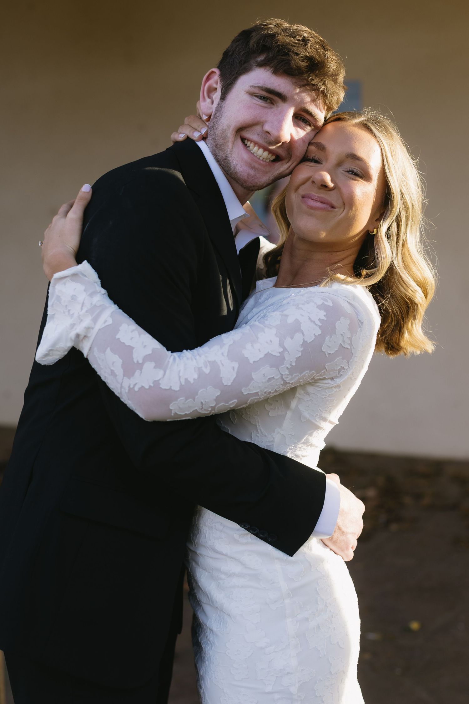 A sequence of joyful wedding photos showing the couple embracing and laughing together.