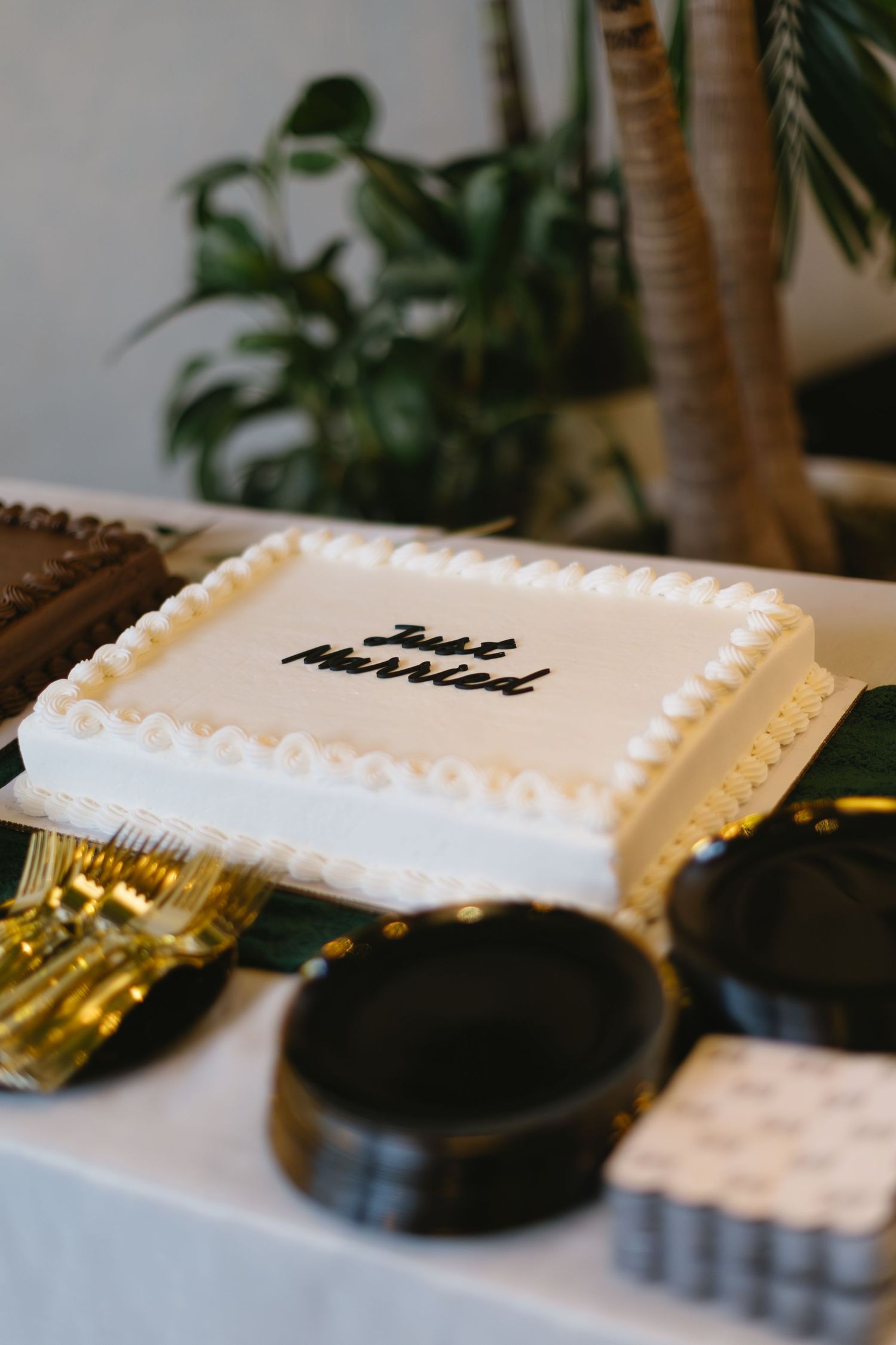 White frosted wedding cake with simple decorative border on display.
