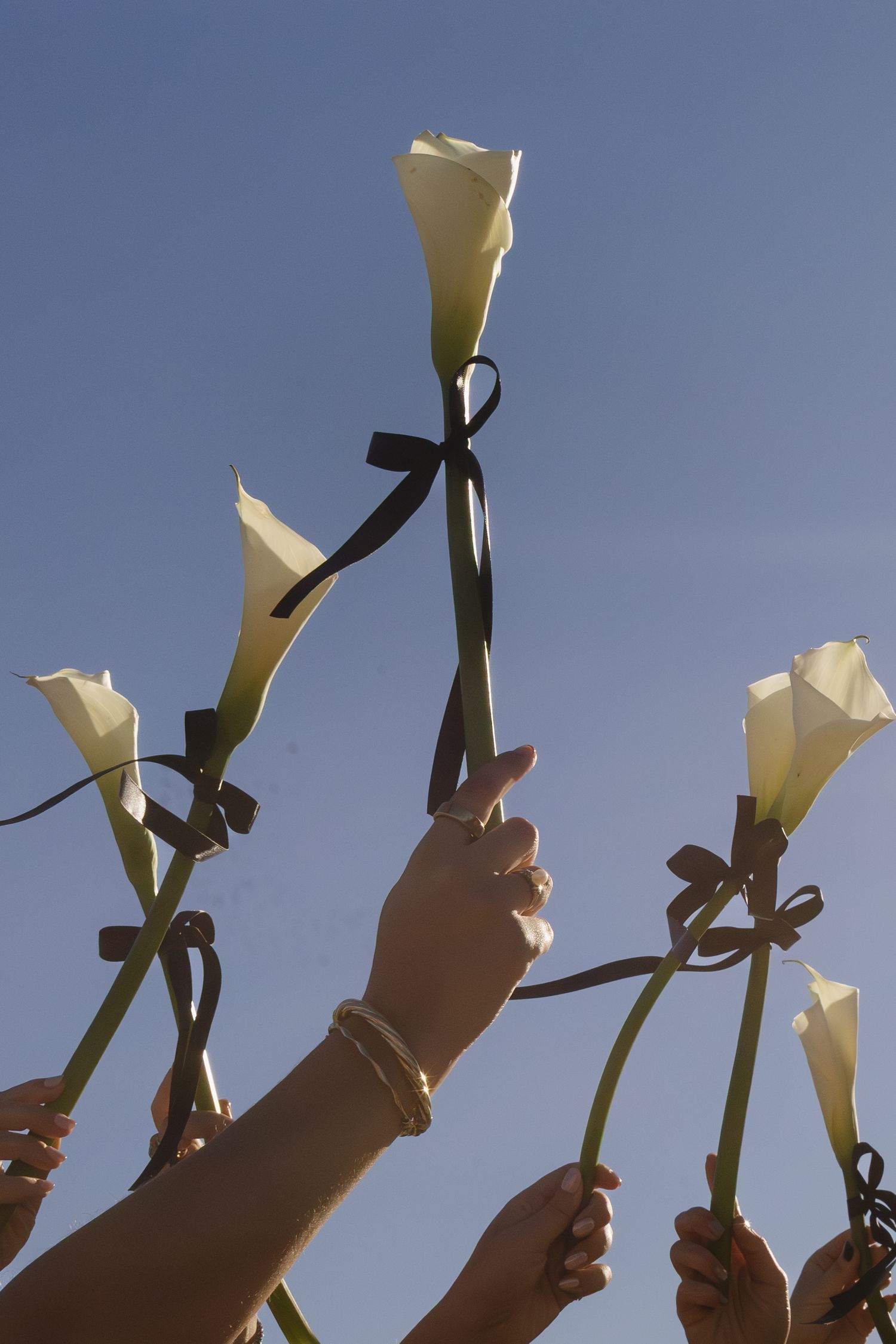 White calla lilies with black ribbons held up against blue sky during wedding ceremony.