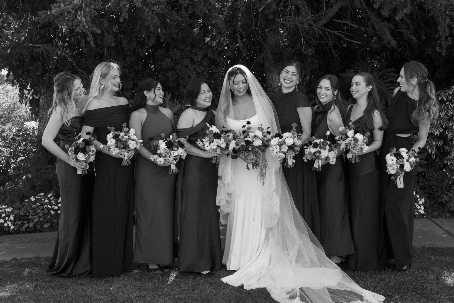 Wedding party group photo with bridesmaids in dark dresses.