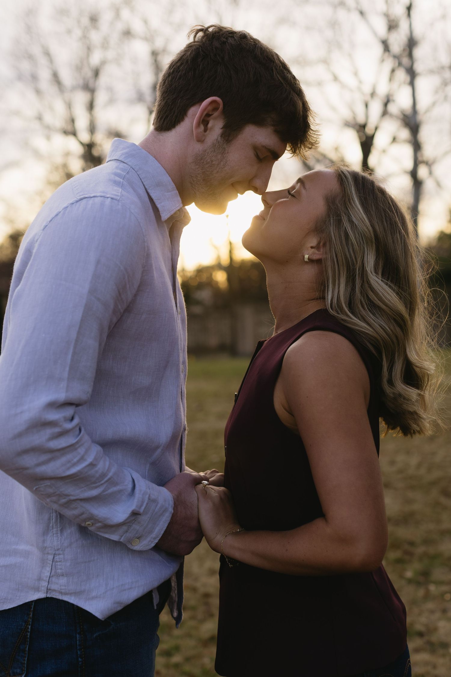 Romantic couple shares intimate moments at sunset in a series of tender poses.