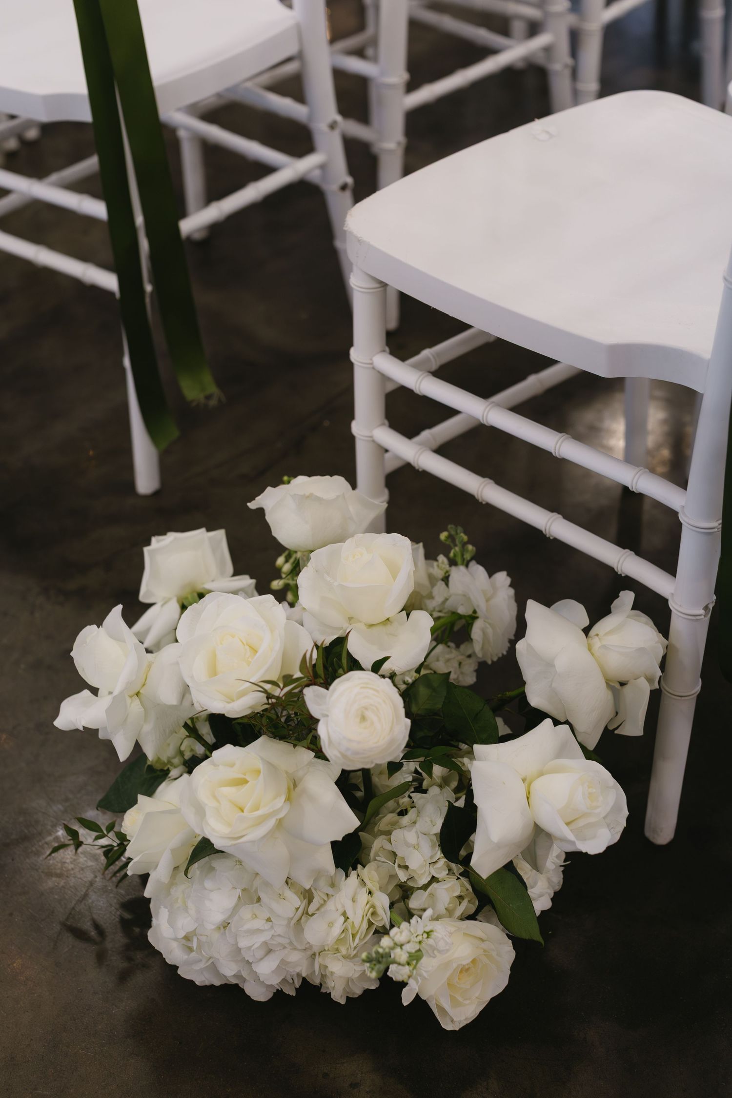 White roses and floral arrangements decorating white chairs at a wedding ceremony setup.