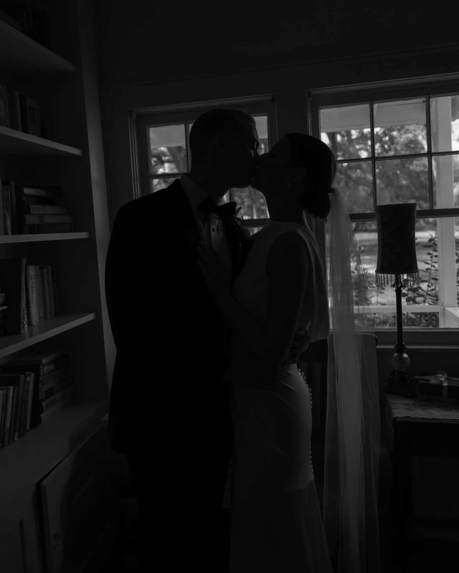 A romantic silhouette of a couple embracing by a window with bookshelves nearby in black and white lighting.