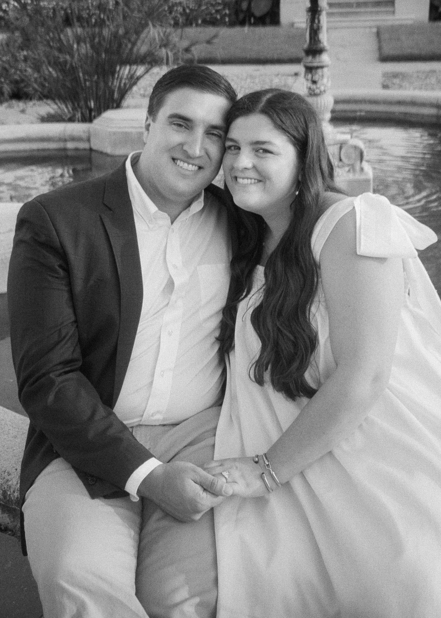 Series of romantic engagement photos showing a couple sitting together outdoors.