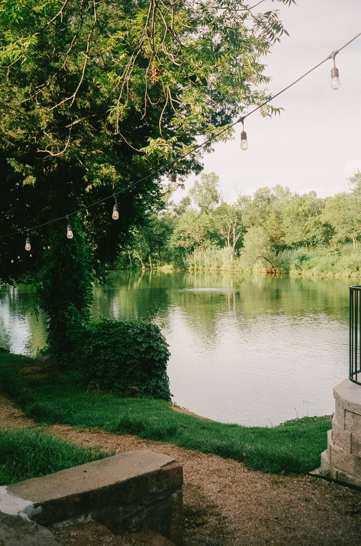 Serene lakeside wedding venue with string lights hanging from trees.
