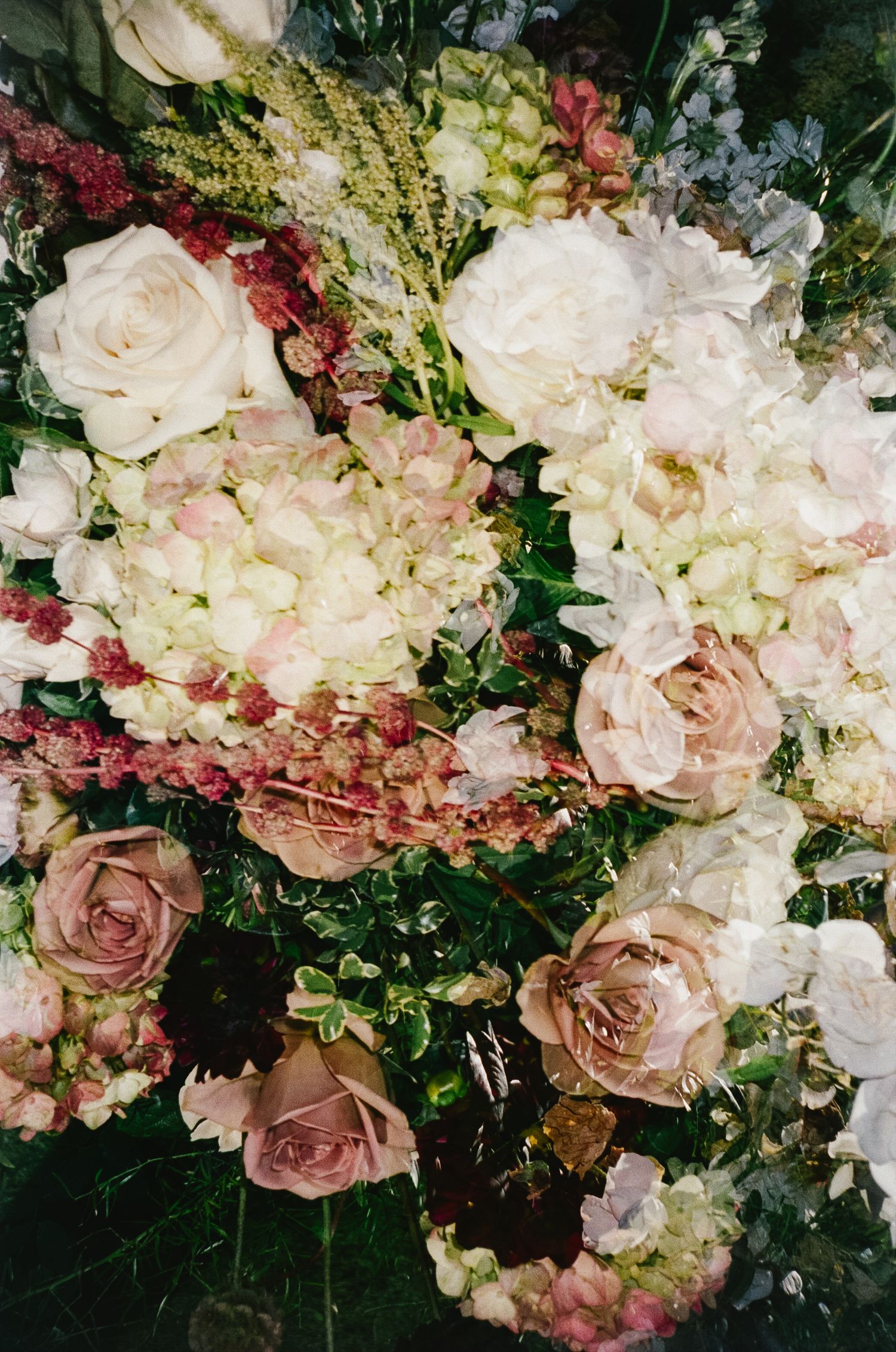 Elegant floral arrangement with blush roses, white hydrangeas, and burgundy accents.