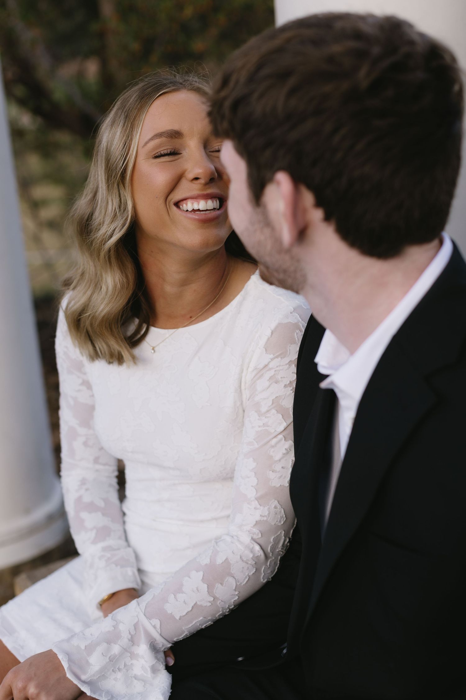 A romantic couple shares intimate close-up moments in a series of wedding photos showing tender expressions.