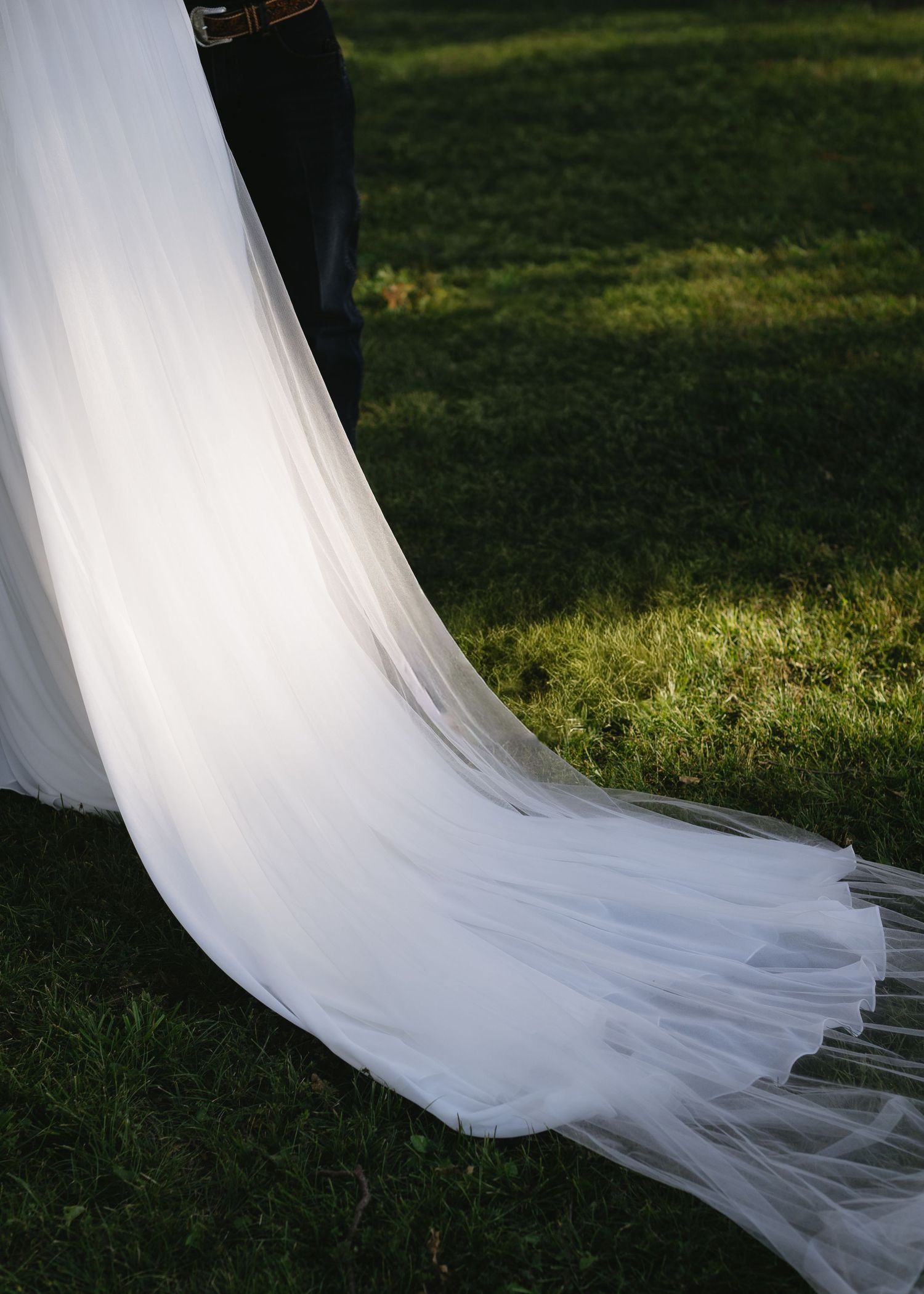 Long flowing white wedding veil trailing on grass in sunlight.