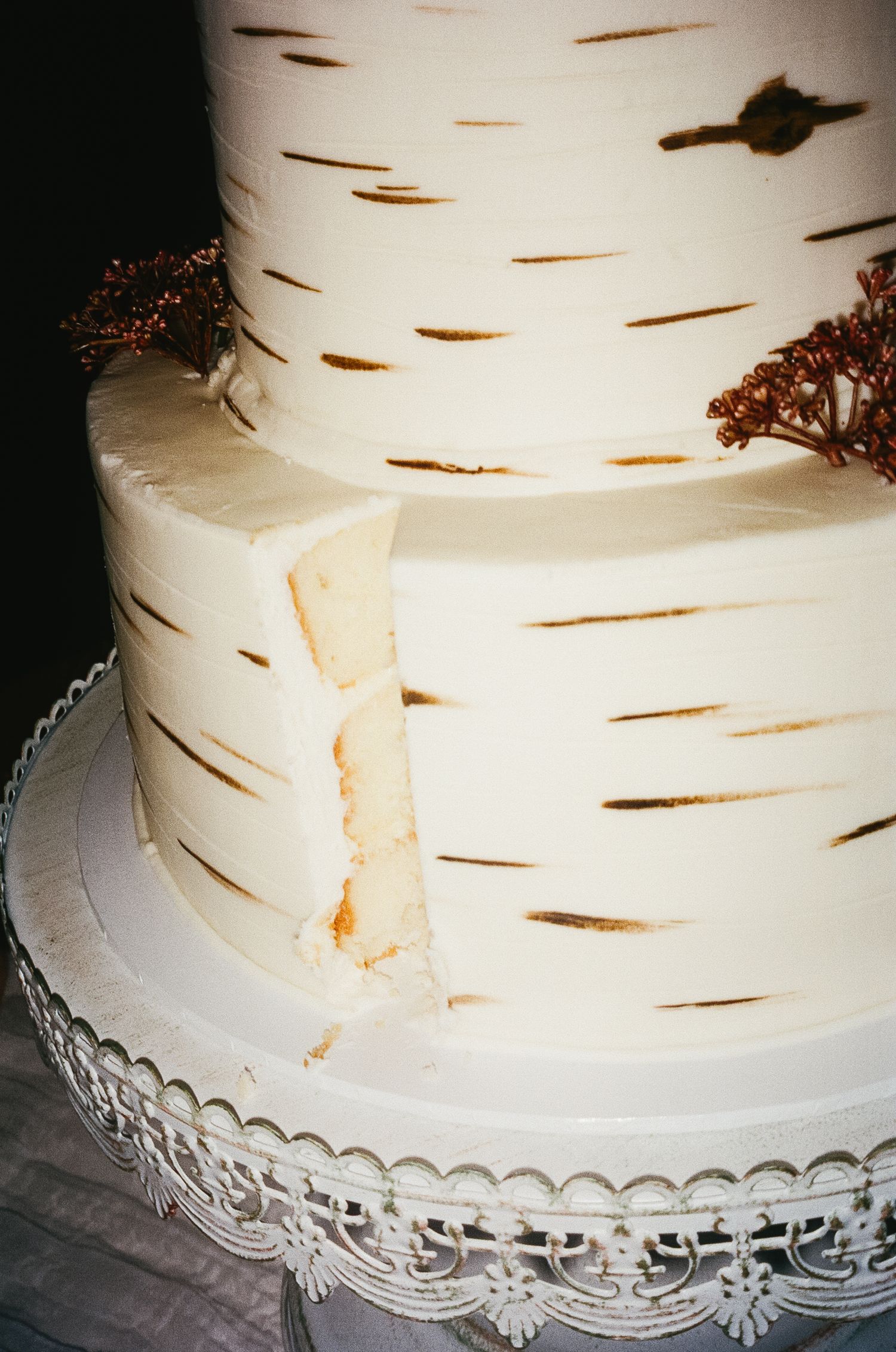 Close-up of a white birch-themed wedding cake with delicate lace trim detail.