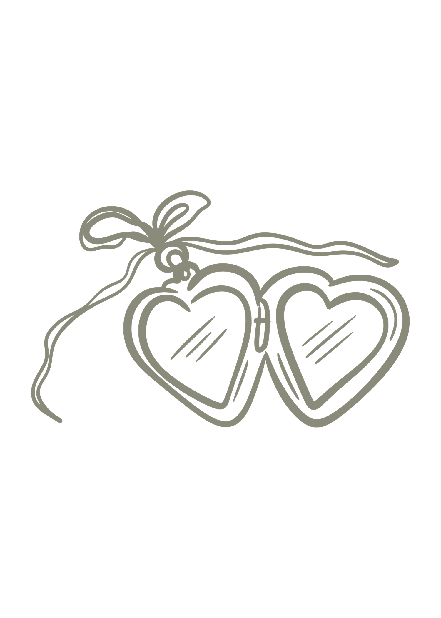 Hand-drawn illustration of a double heart locket with a delicate bow, rendered in simple gray linework.
