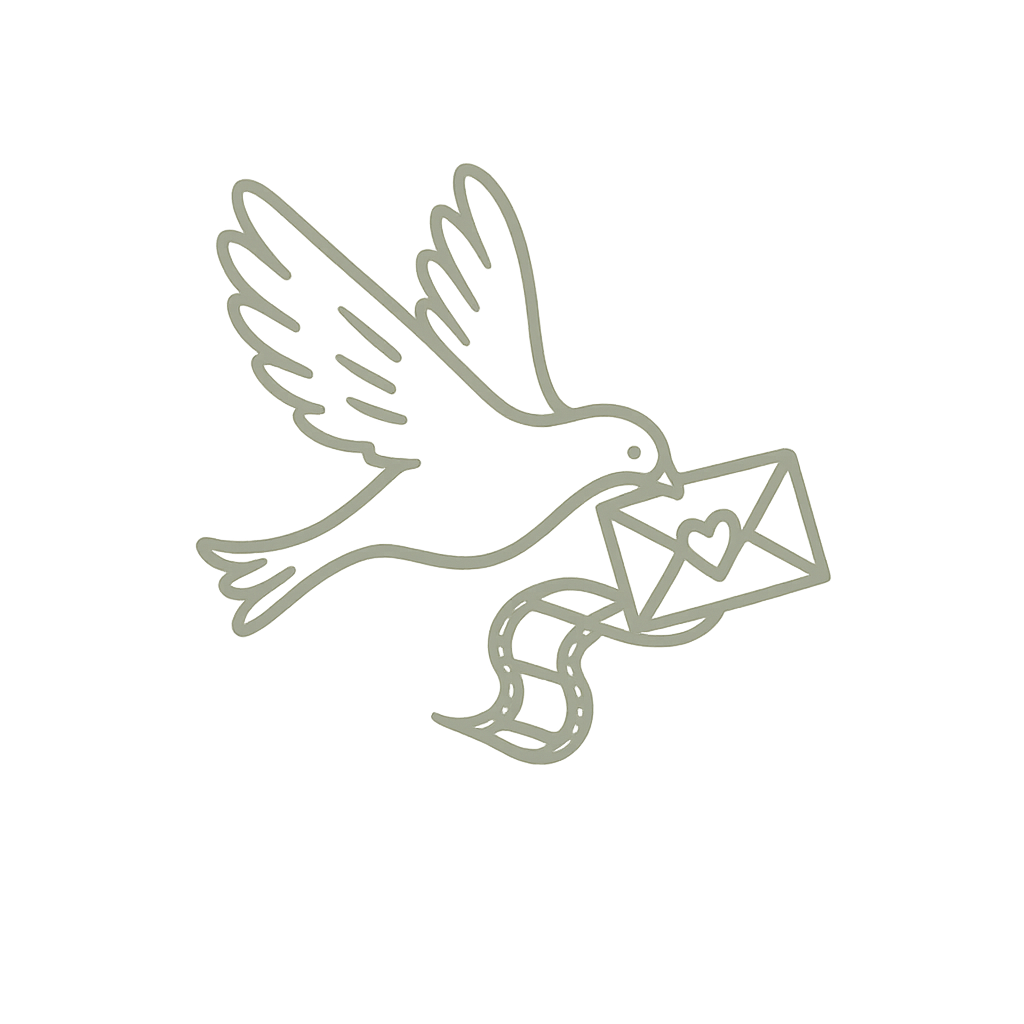 A simple line drawing of a dove carrying an envelope with a flowing ribbon attached.