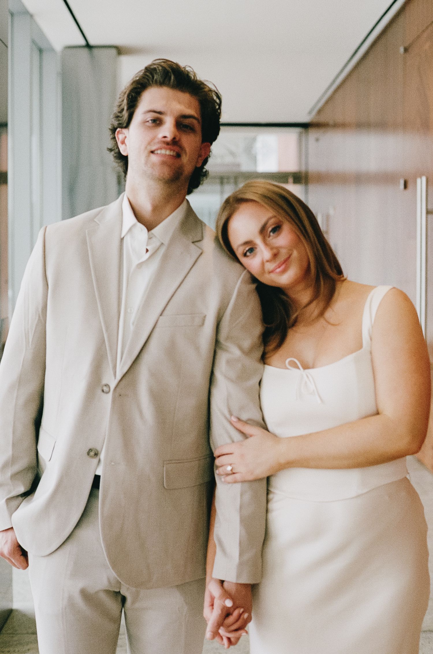 A series of intimate wedding portraits showing tender moments between a couple in white and beige attire.