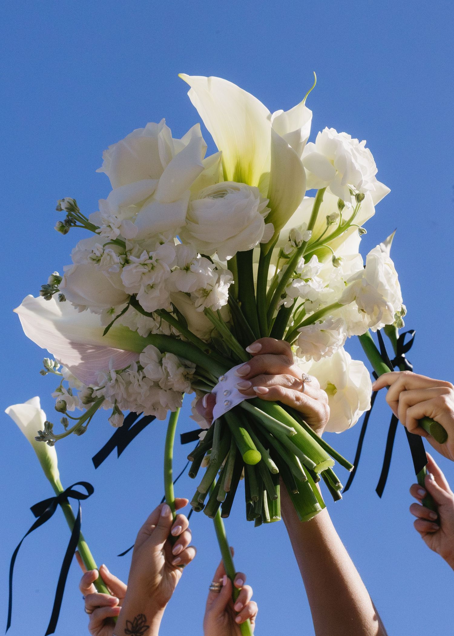 White wedding bouquets held up against bright blue sky by wedding party.
