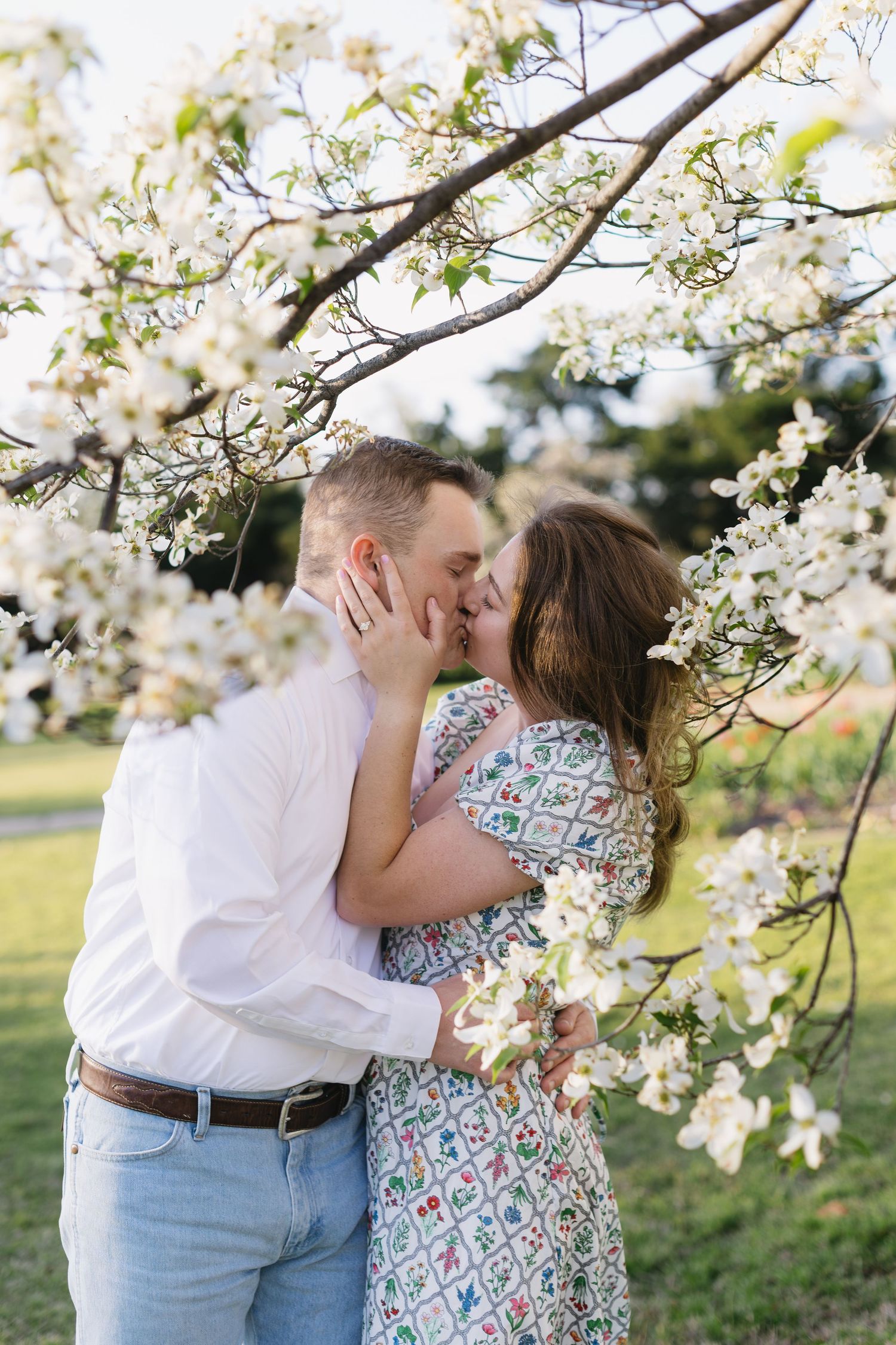A romantic springtime photoshoot under flowering cherry blossom branches.