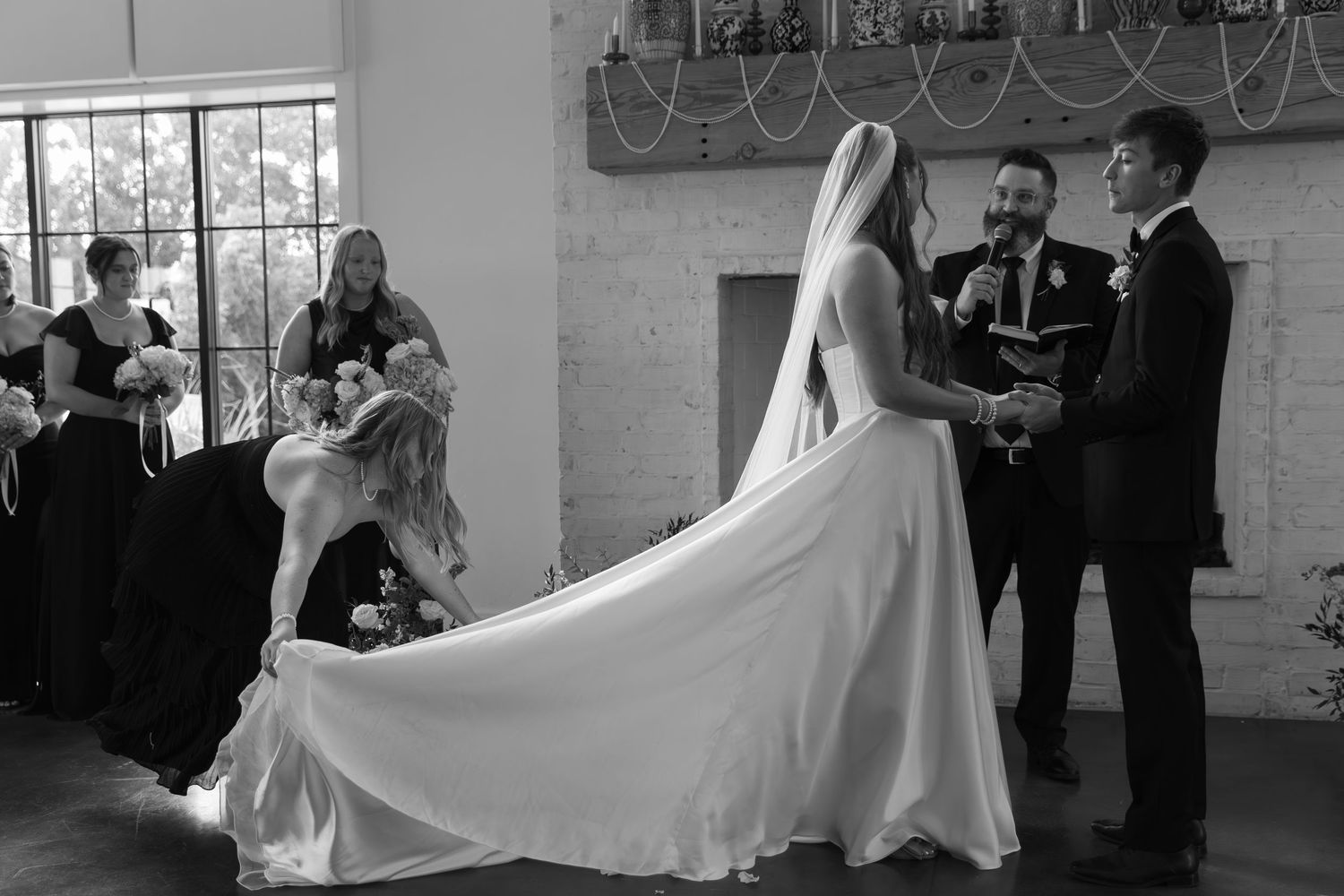 Black and white photos capturing moments during an indoor wedding ceremony.