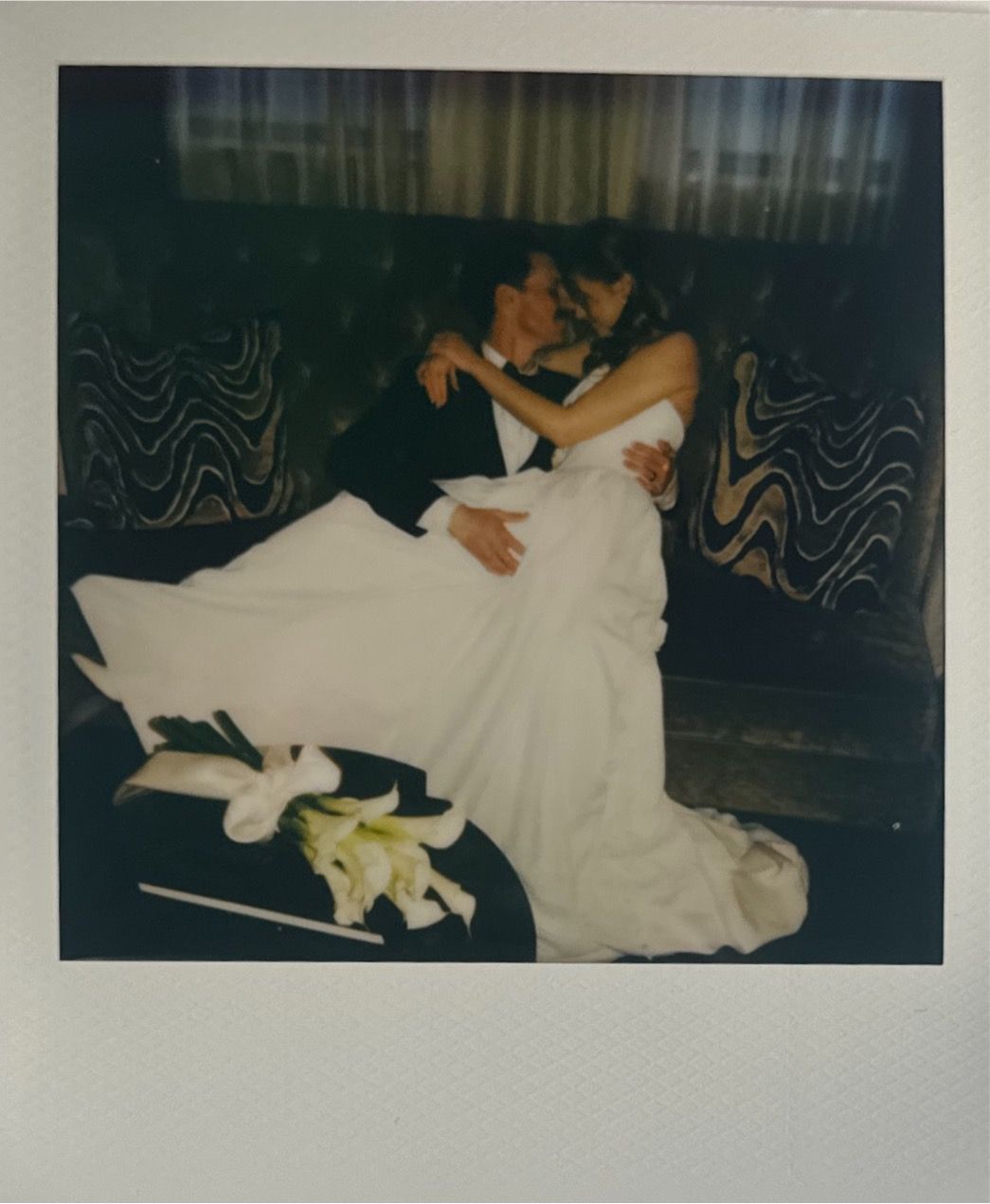 Vintage-style polaroid snapshots of wedding couple in romantic poses on dance floor.