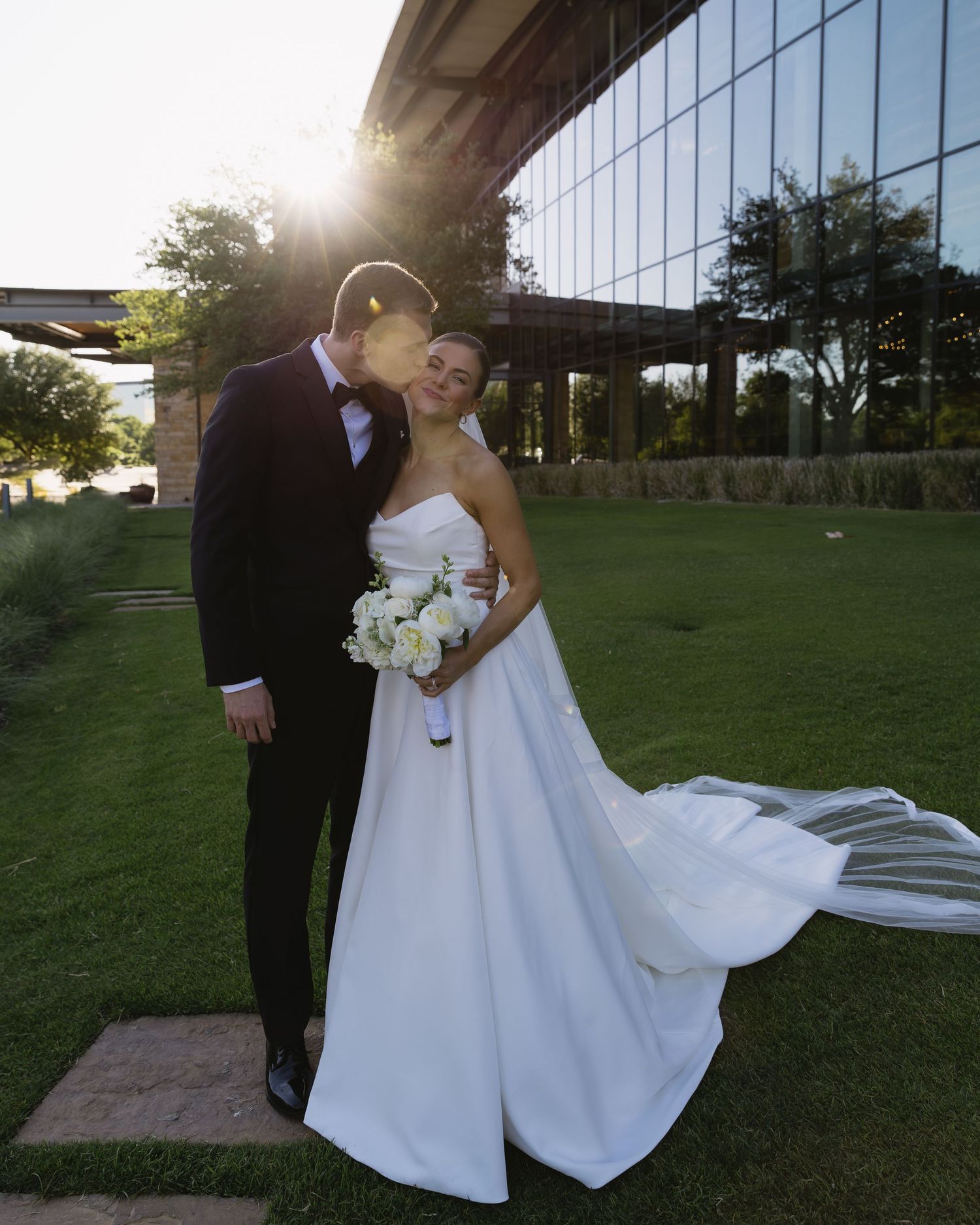 A romantic wedding photo sequence showing a couple in white dress and dark suit against a sunset outdoor backdrop.