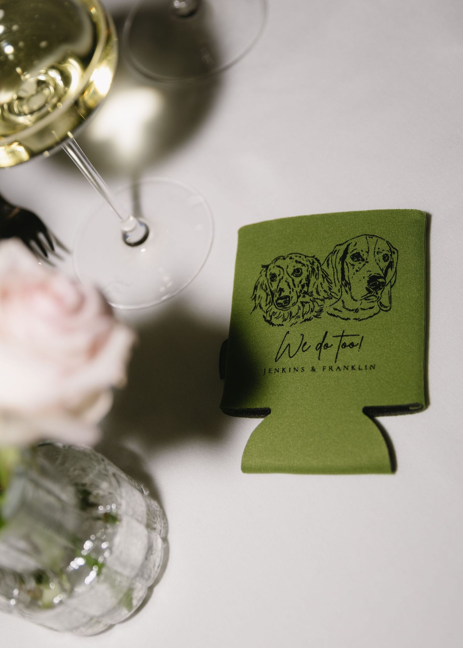 Green drink koozies with custom artwork displayed against a light background.