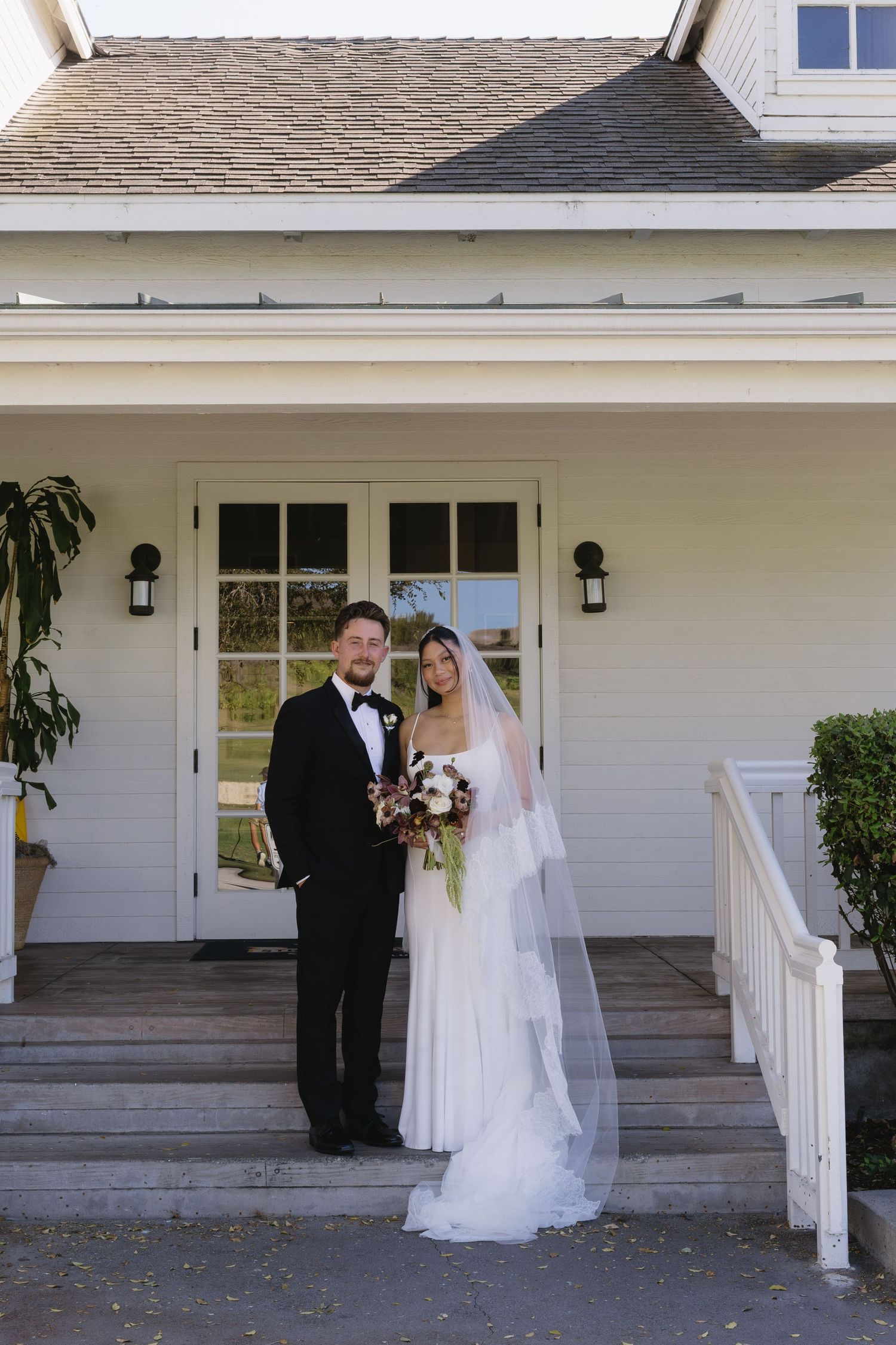 Sequence of wedding photos showing a bride and groom posing in front of a white house with columns.