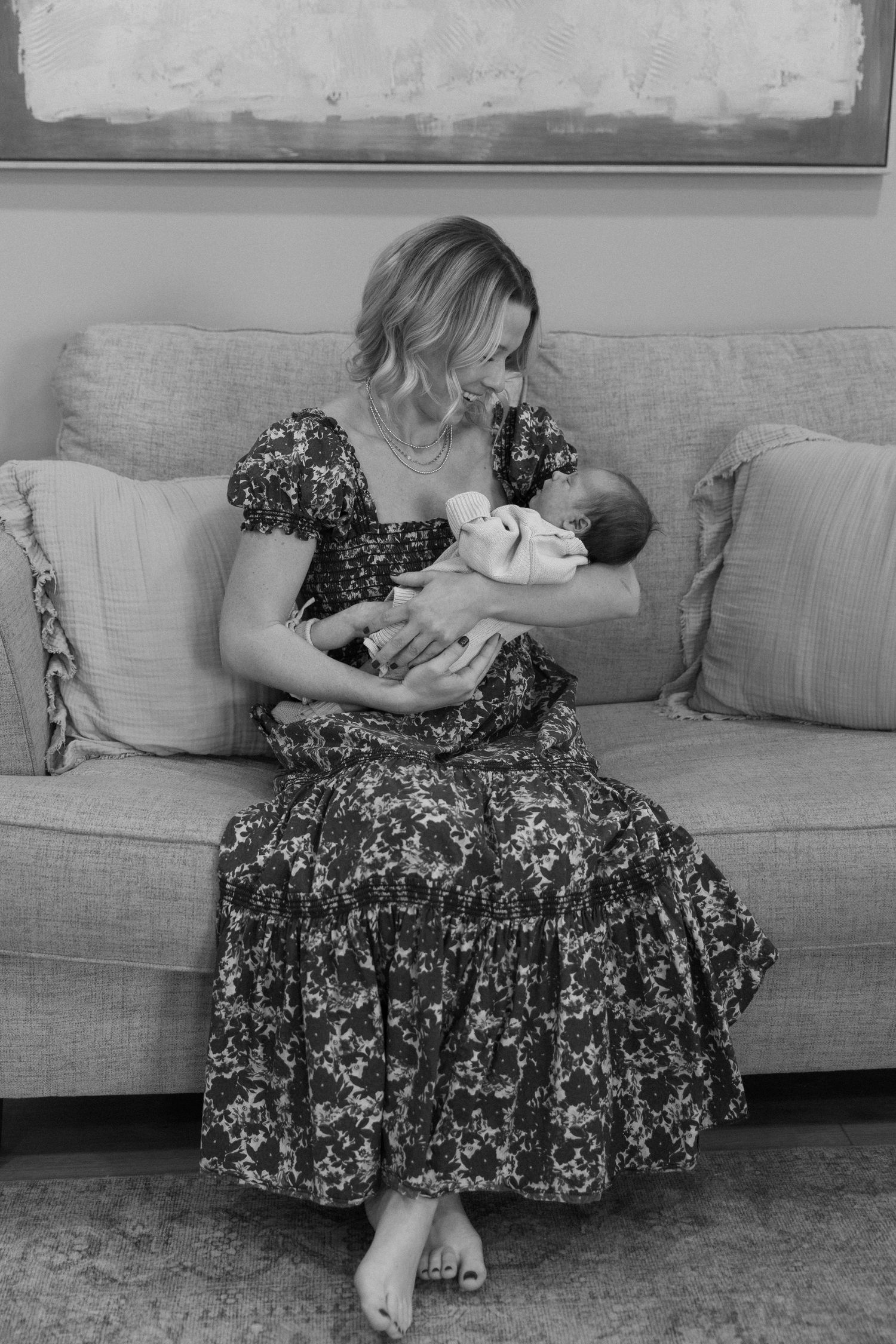 A series of photos showing a person in a floral dress resting on a gray couch.