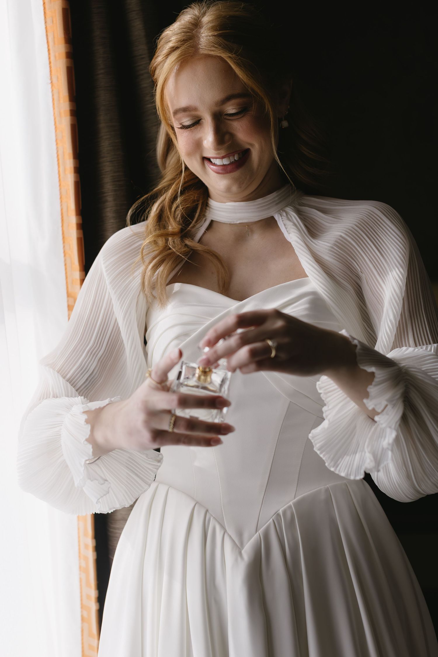 A series of photos showing a person in a white dress holding a small gift box near a window.