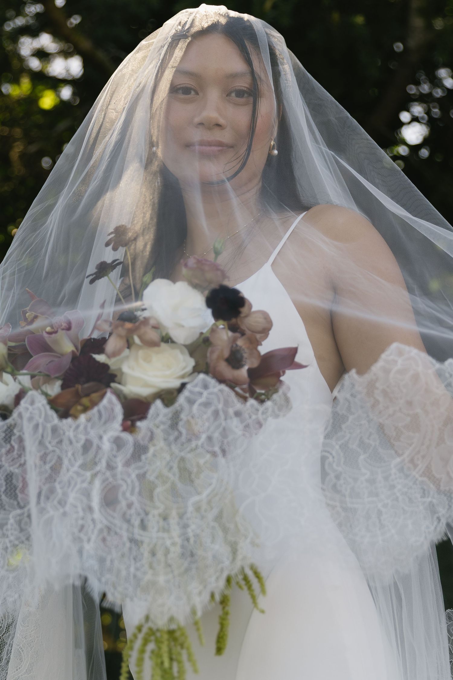 Romantic bridal portrait through delicate lace veil with floral bouquet.