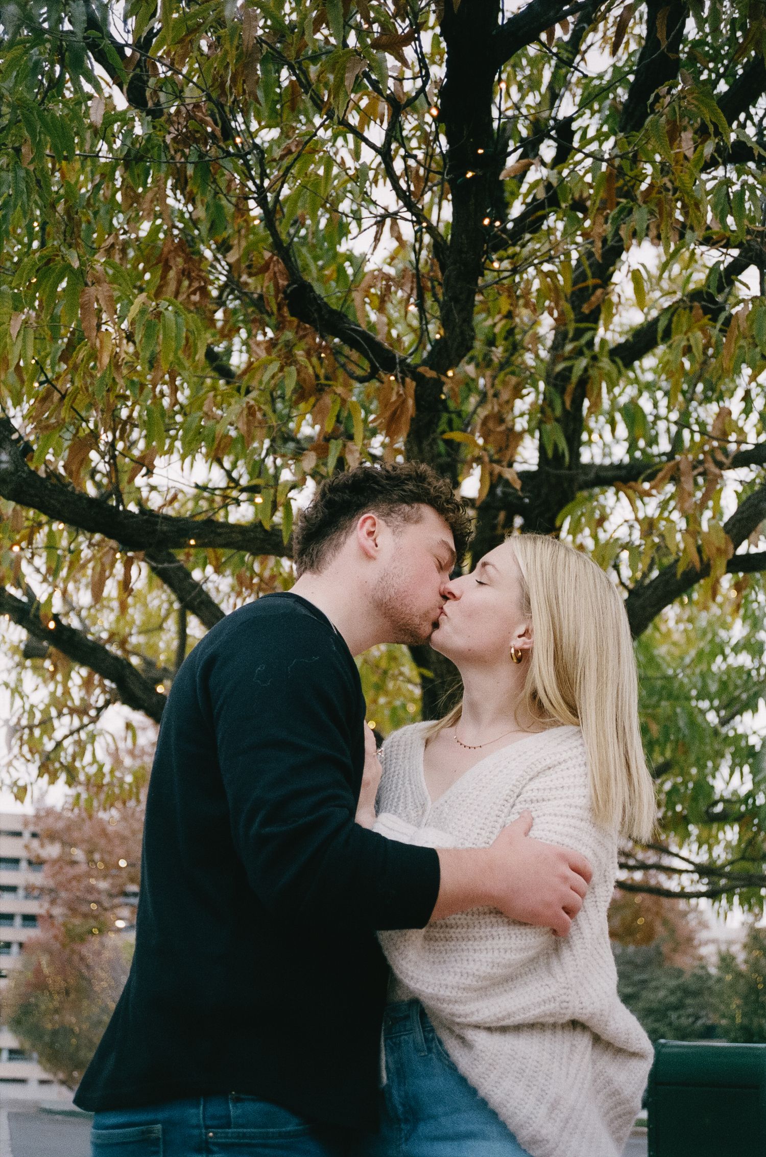 Romantic moment captured under autumn trees in natural outdoor setting.