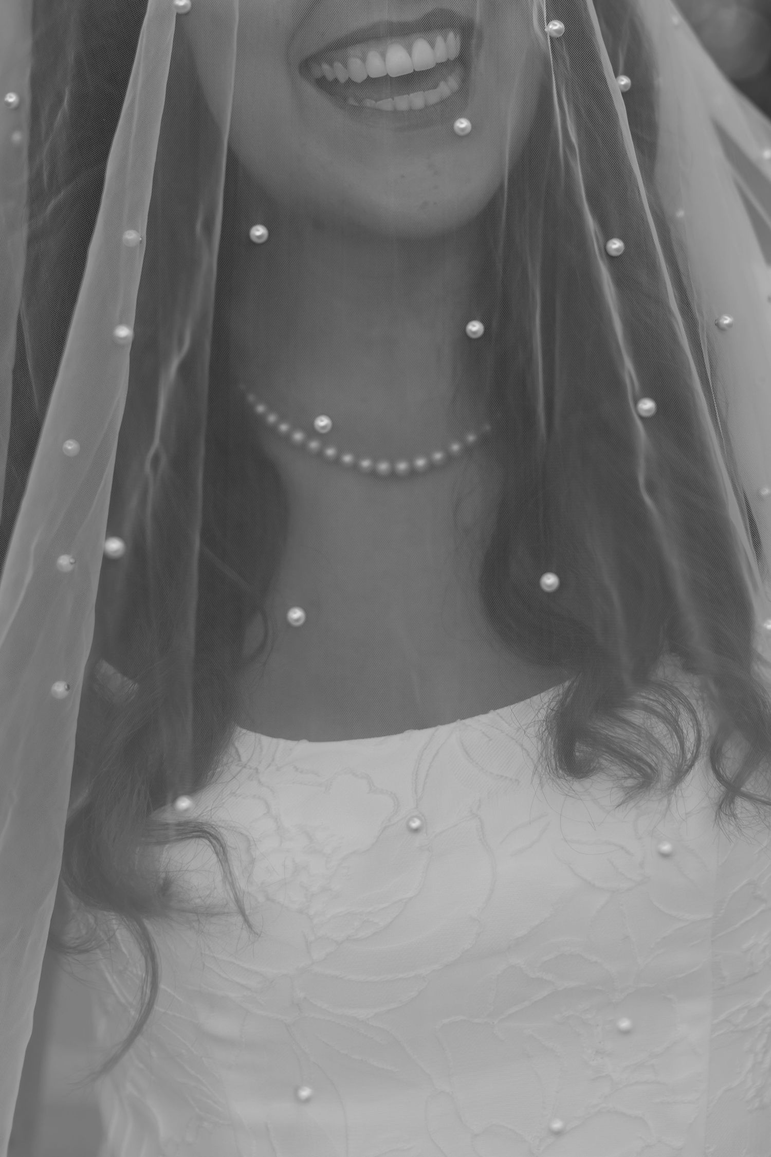 Black and white closeup of a wedding veil adorned with delicate pearl details and soft fabric texture.