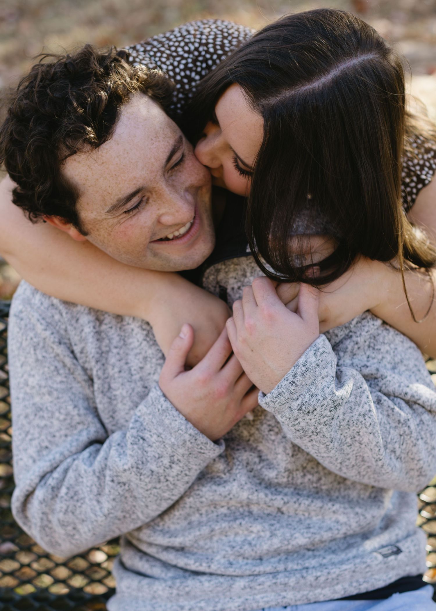 Intimate close-up series of couple in casual wear sharing tender moments.