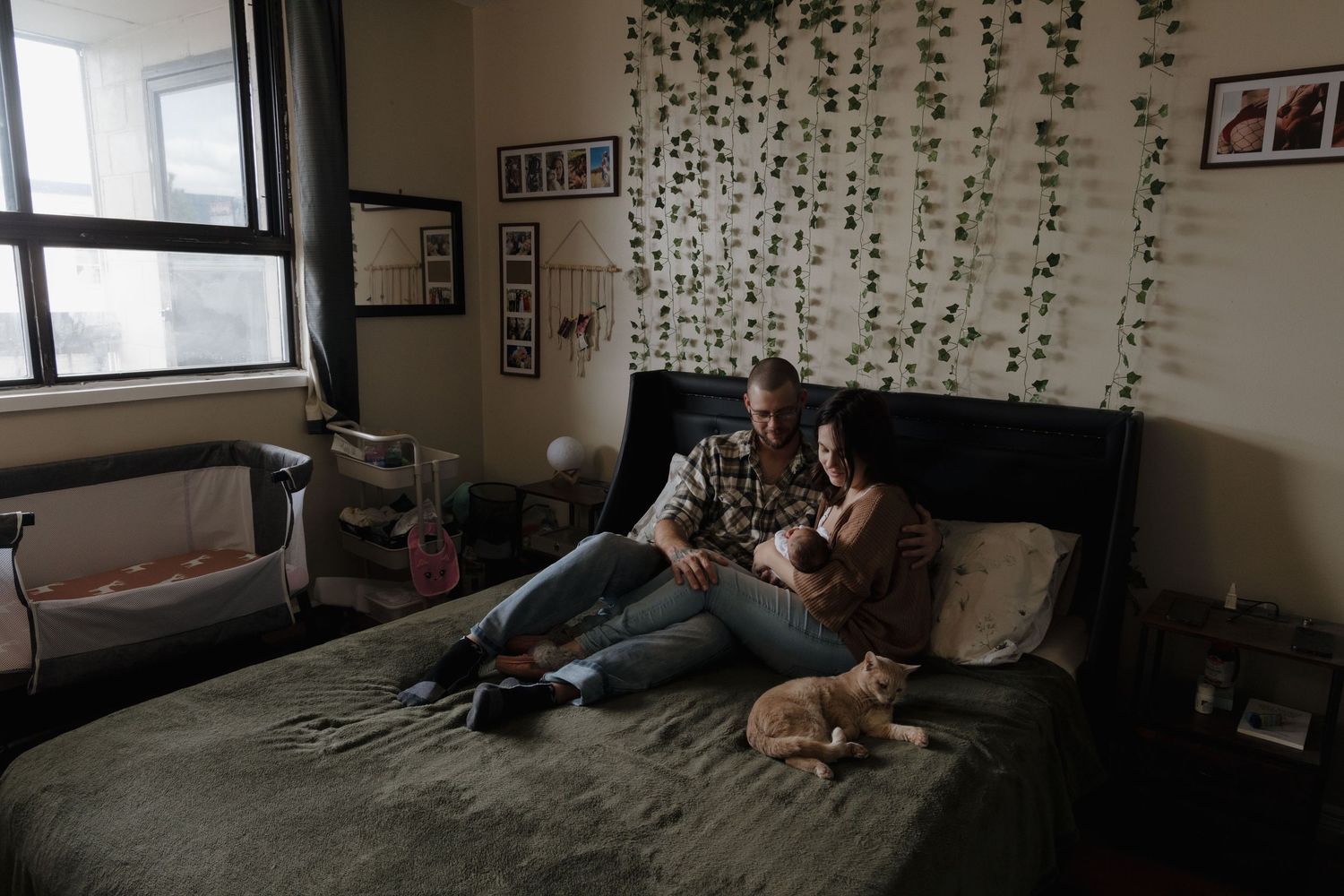 Newborn lifestyle in-home photography. Shows mom and dad holding baby while sitting in bed, with their cat beside them.
