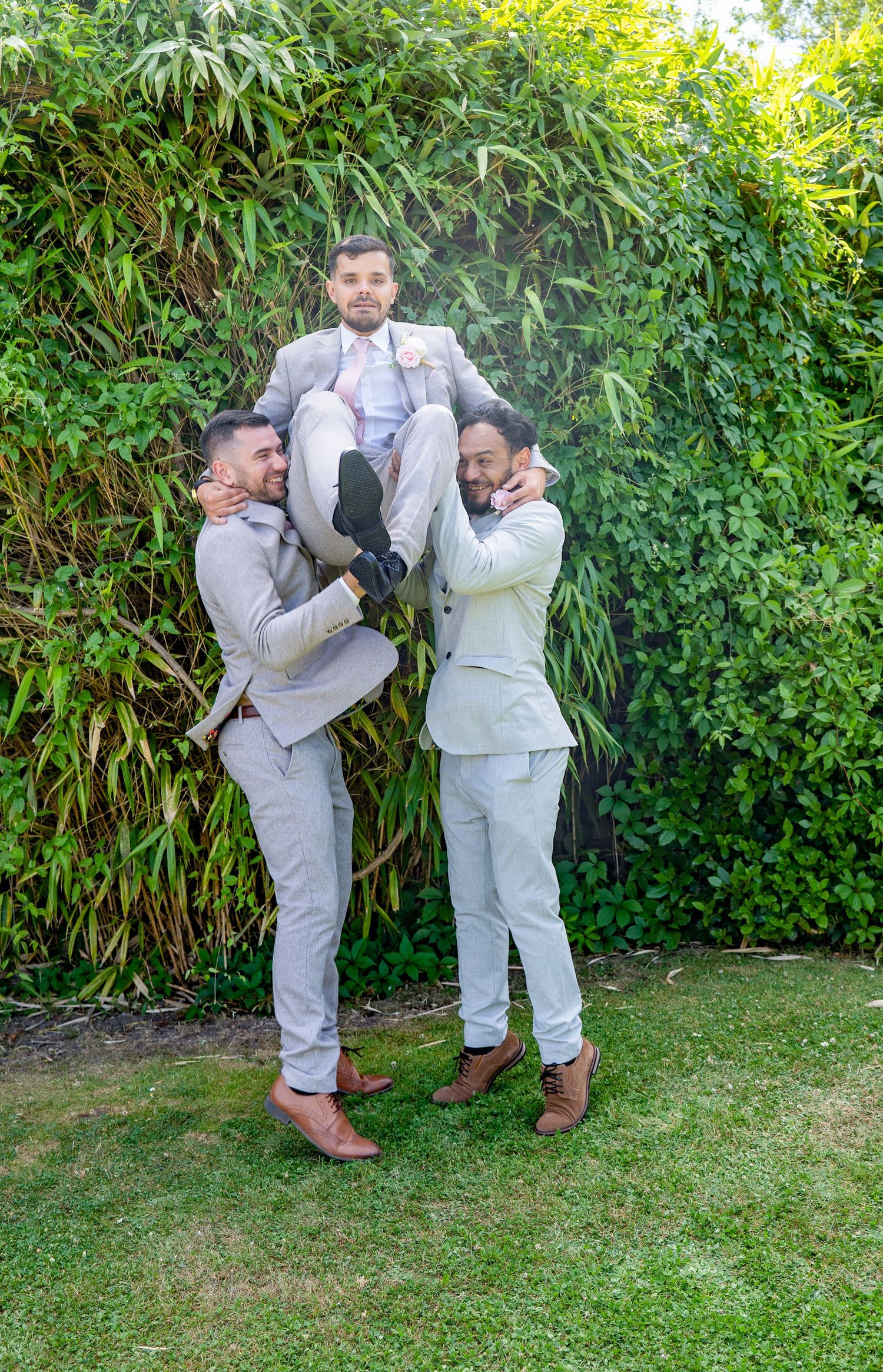 Two groomsmen playfully lift the groom between them in front of a green hedge wall.