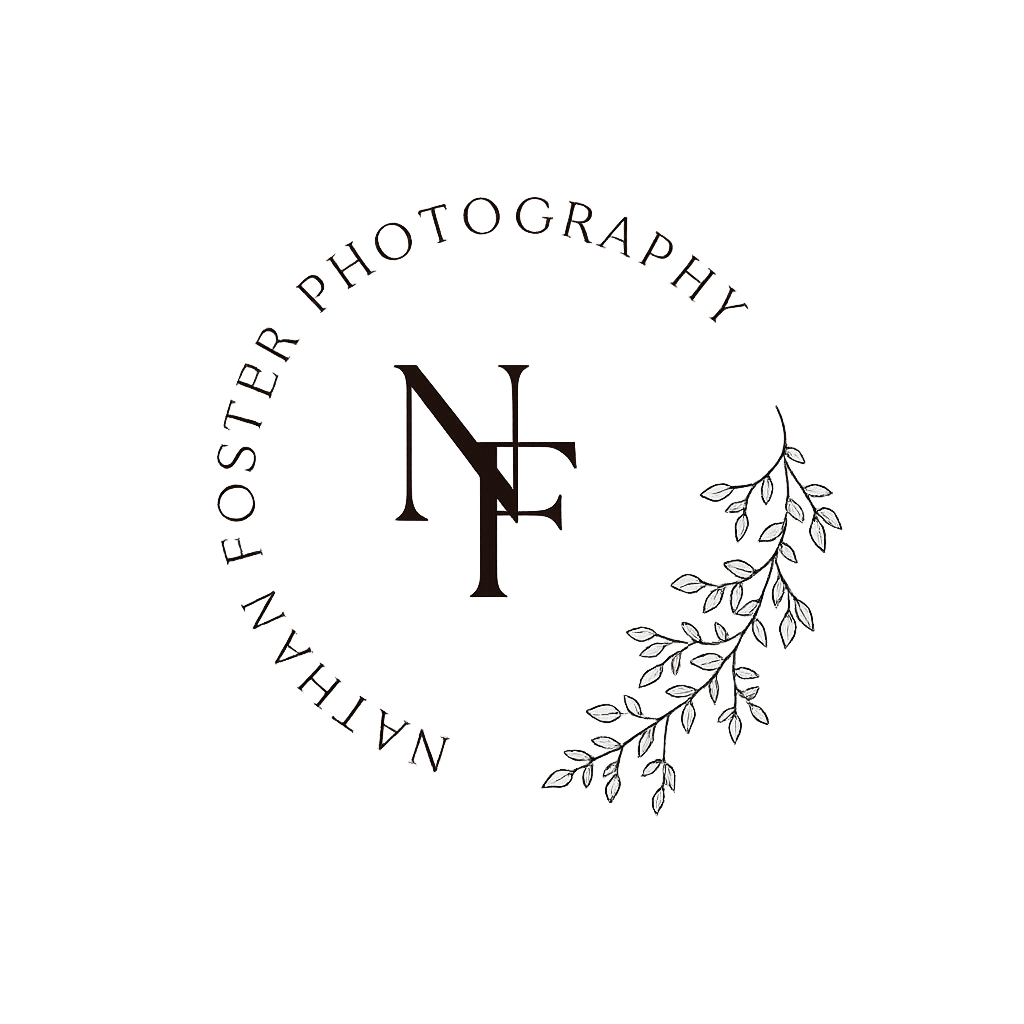 Nathan Foster Photography circular logo with NF monogram and botanical leaf illustration.