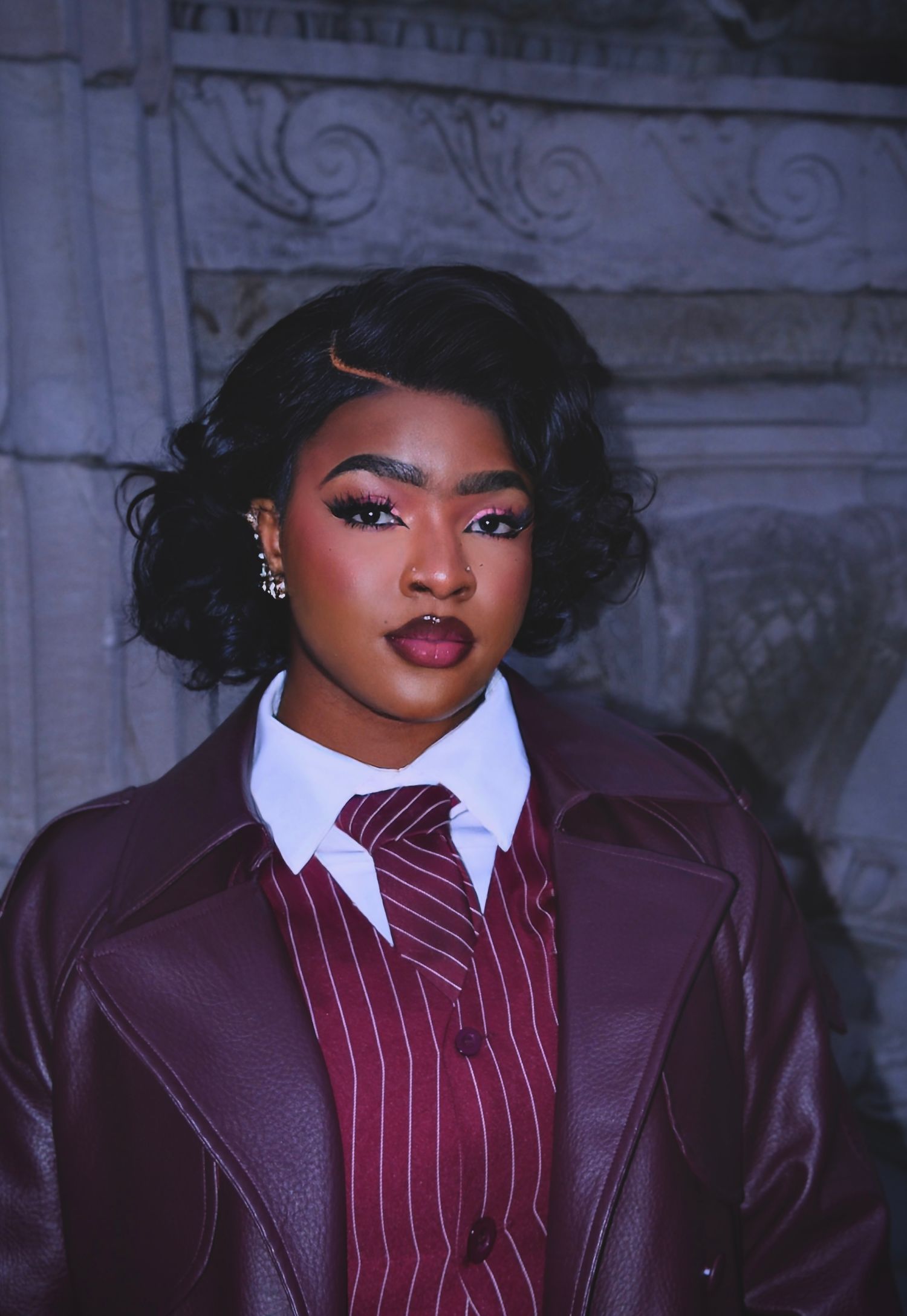 lady with burgundy attire