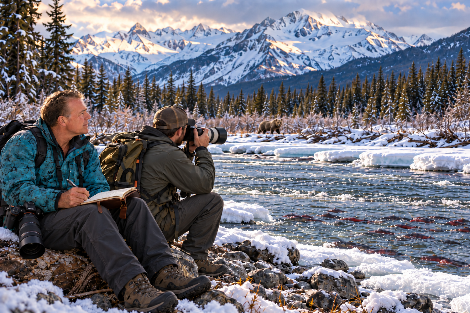 Two wildlife photographers by a snowy river observing a distant bear near snowcapped mountains, fine art photo by Steve Cole Photography.