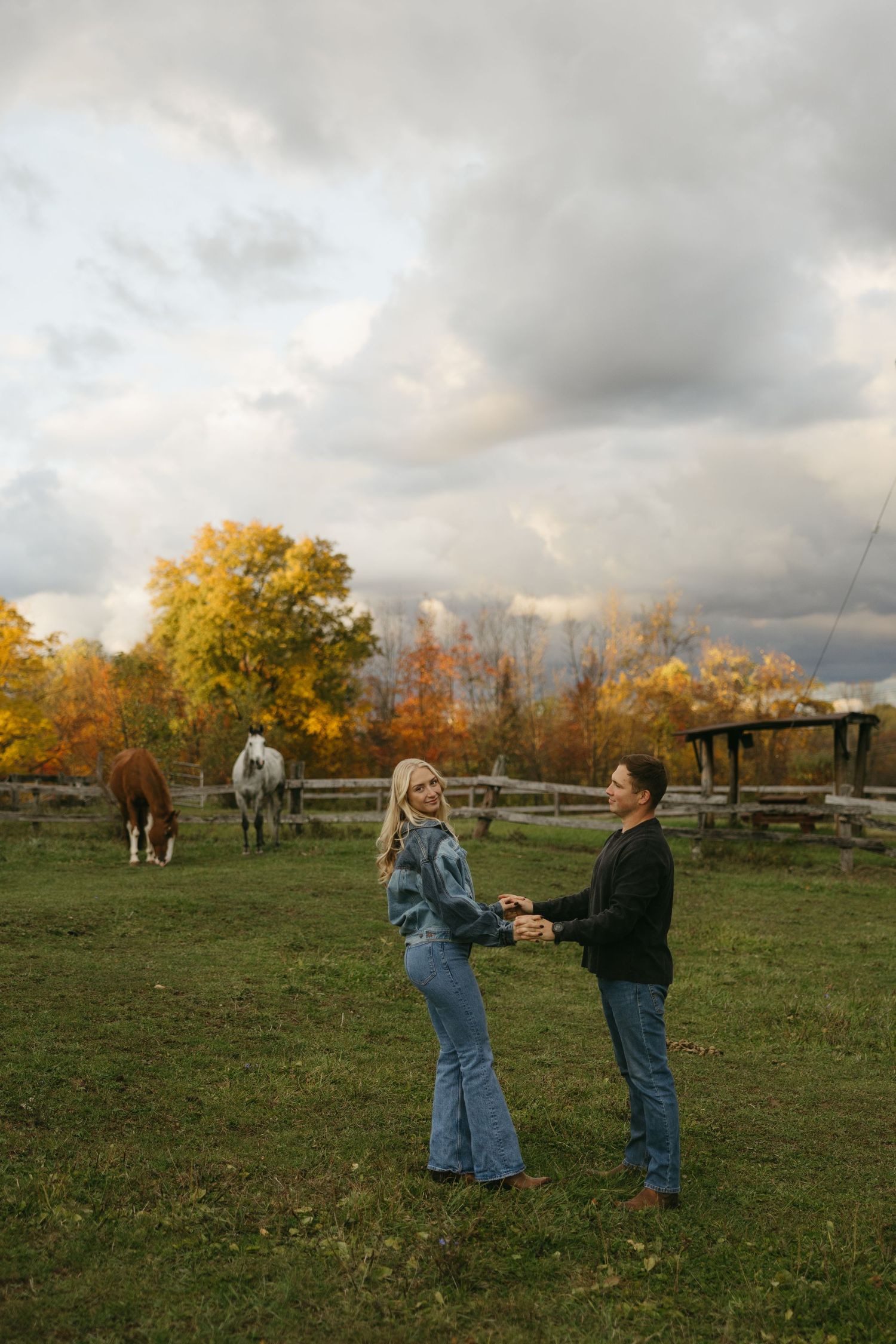 Couple holding hands in a fall farm setting with horses and colorful autumn trees under a cloudy sky.